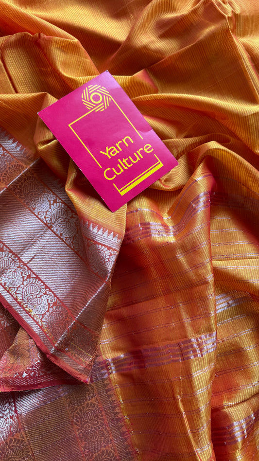 Light orange with silver peacock woven zari border, mangalgiri silk cotton, handwoven, soft, light weight- YCWOTDMSCM05