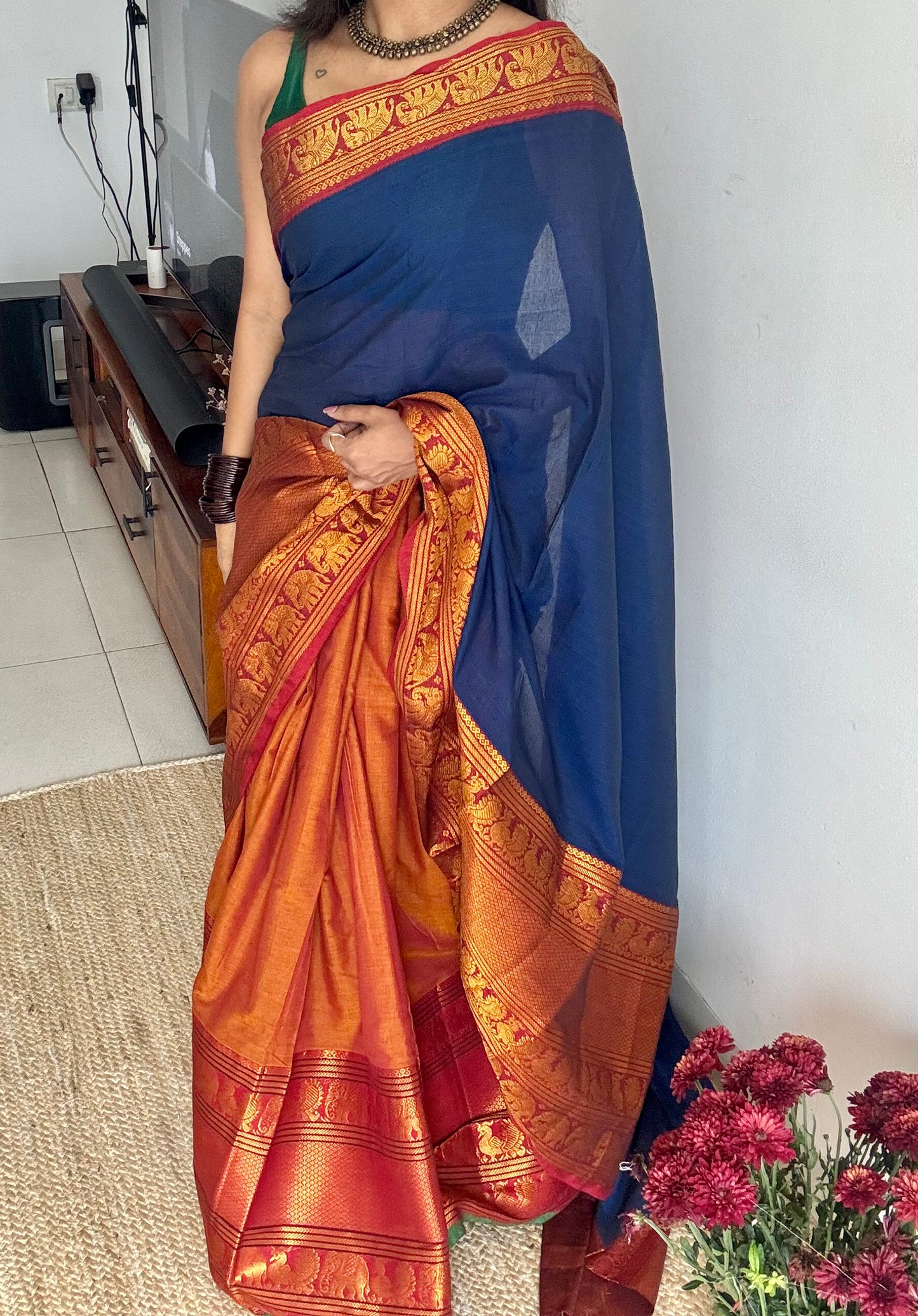 Blue - Orange (dhavani), unstitched material, soft cotton - YCAHSN15