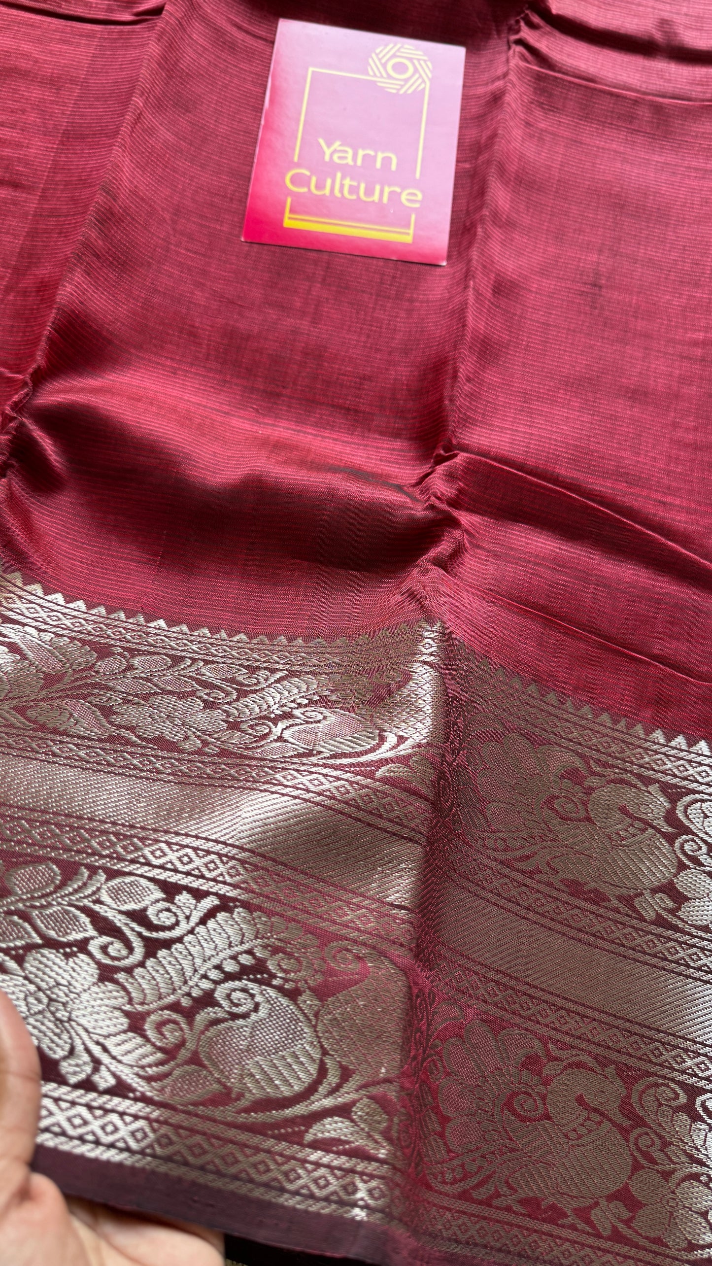 Maroon with silver peacock and floral woven zari border, mangalgiri silk cotton, handwoven, soft, light weight- YCWOTDMSCM03