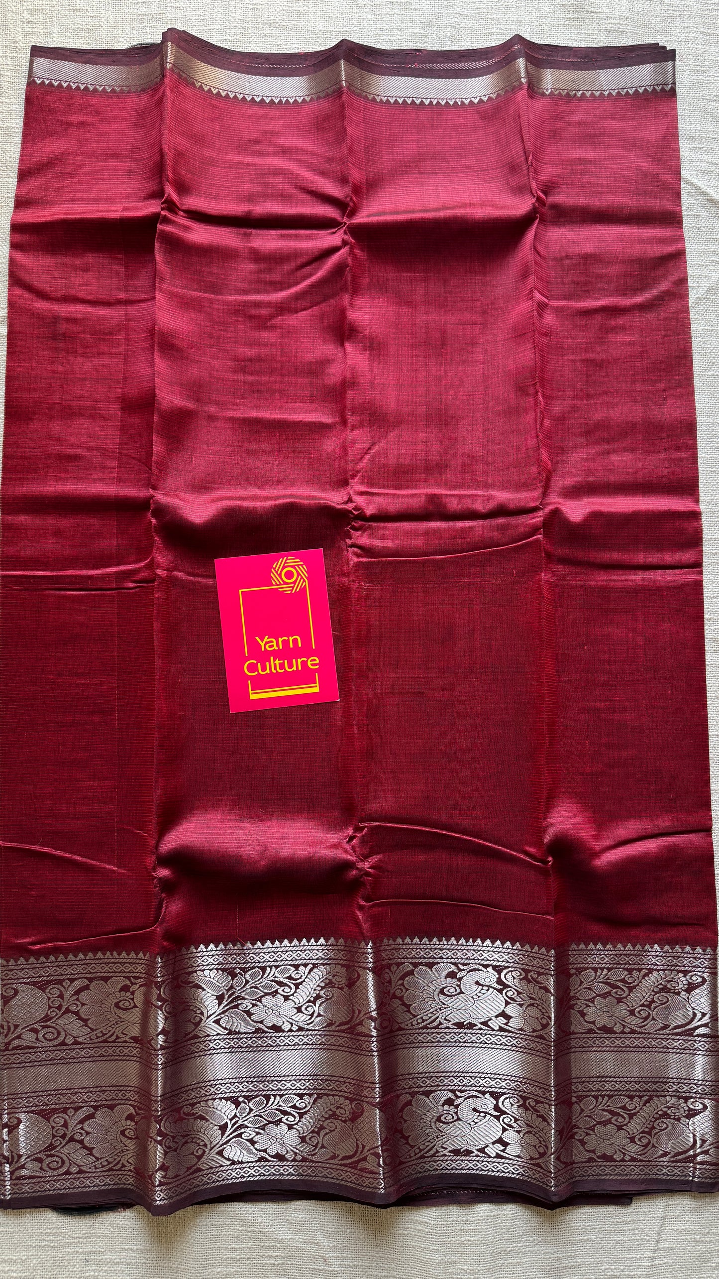 Maroon with silver peacock and floral woven zari border, mangalgiri silk cotton, handwoven, soft, light weight- YCWOTDMSCM03