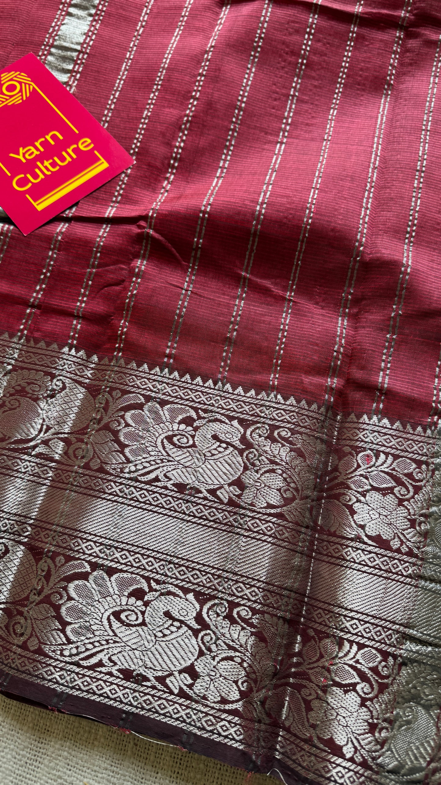 Maroon with silver peacock and floral woven zari border, mangalgiri silk cotton, handwoven, soft, light weight- YCWOTDMSCM03