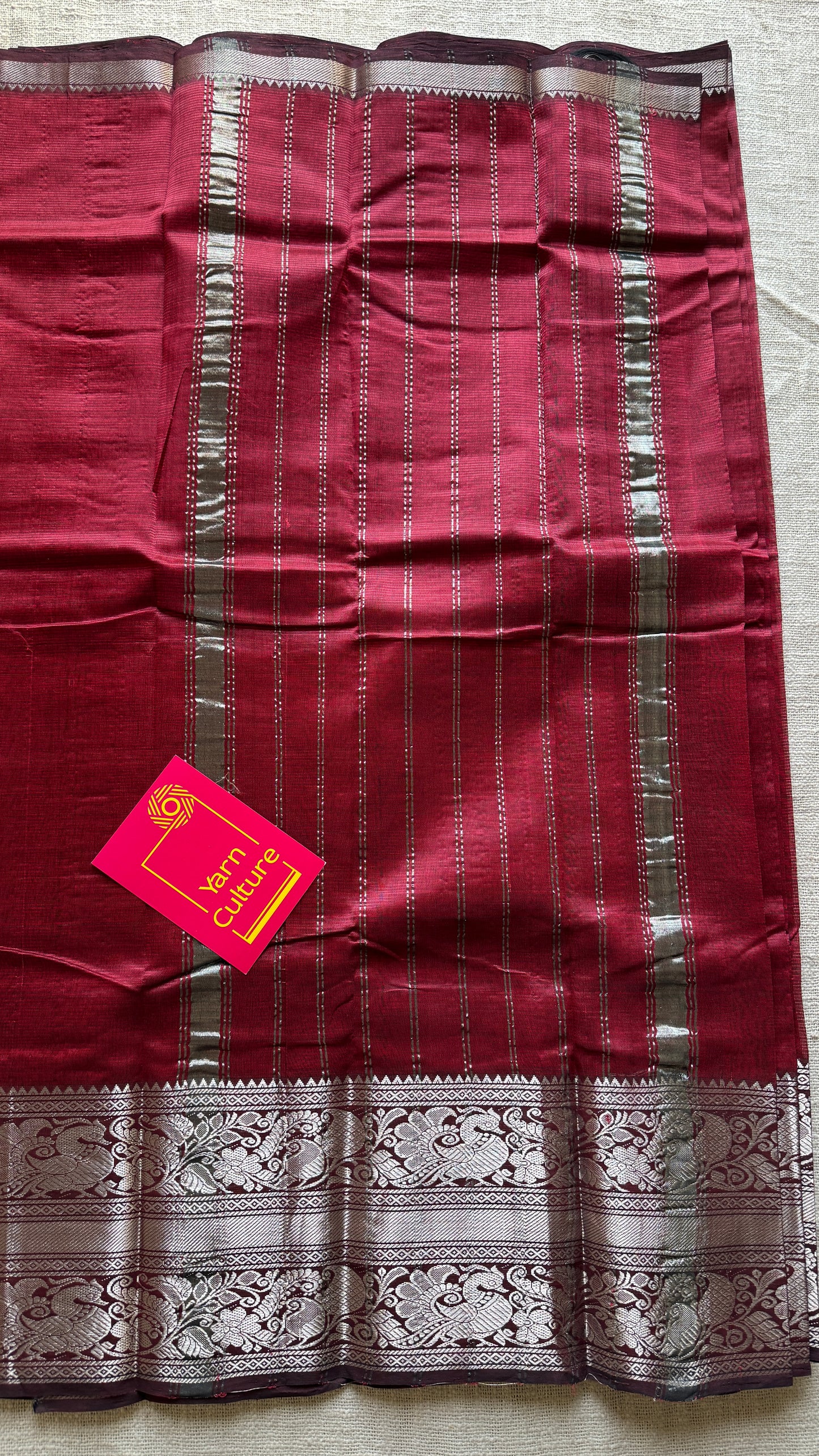 Maroon with silver peacock and floral woven zari border, mangalgiri silk cotton, handwoven, soft, light weight- YCWOTDMSCM03