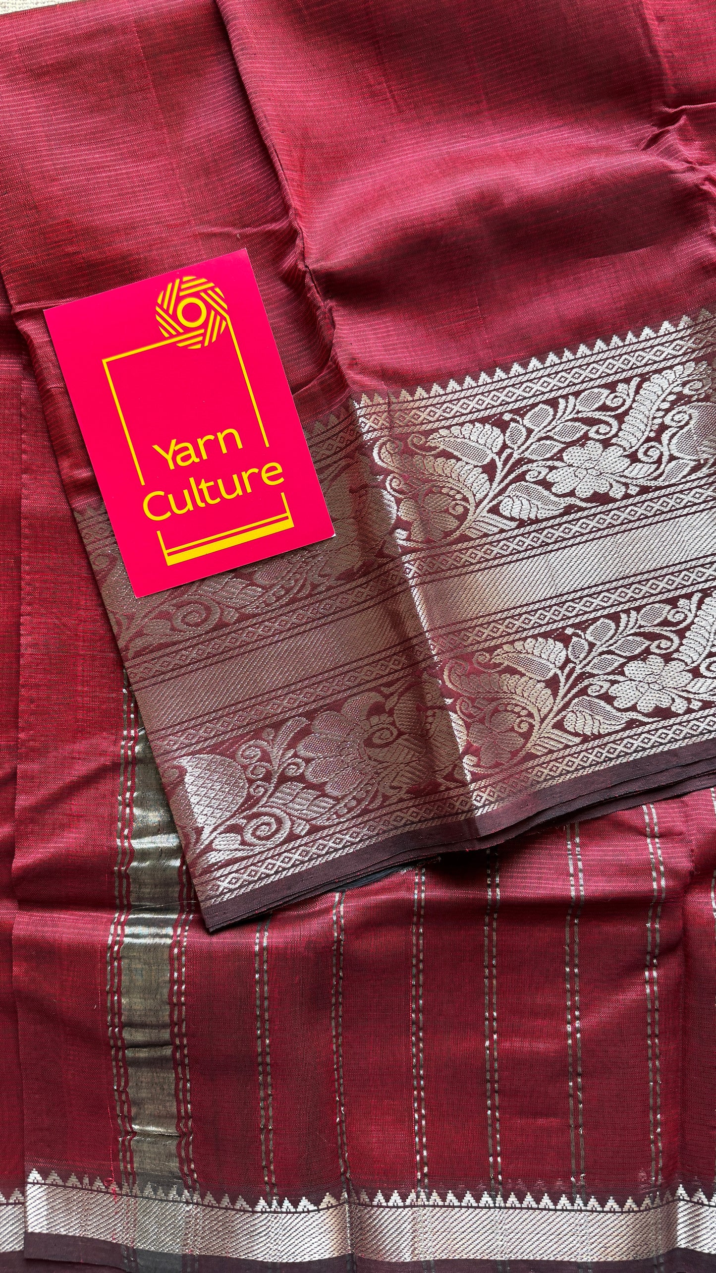 Maroon with silver peacock and floral woven zari border, mangalgiri silk cotton, handwoven, soft, light weight- YCWOTDMSCM03