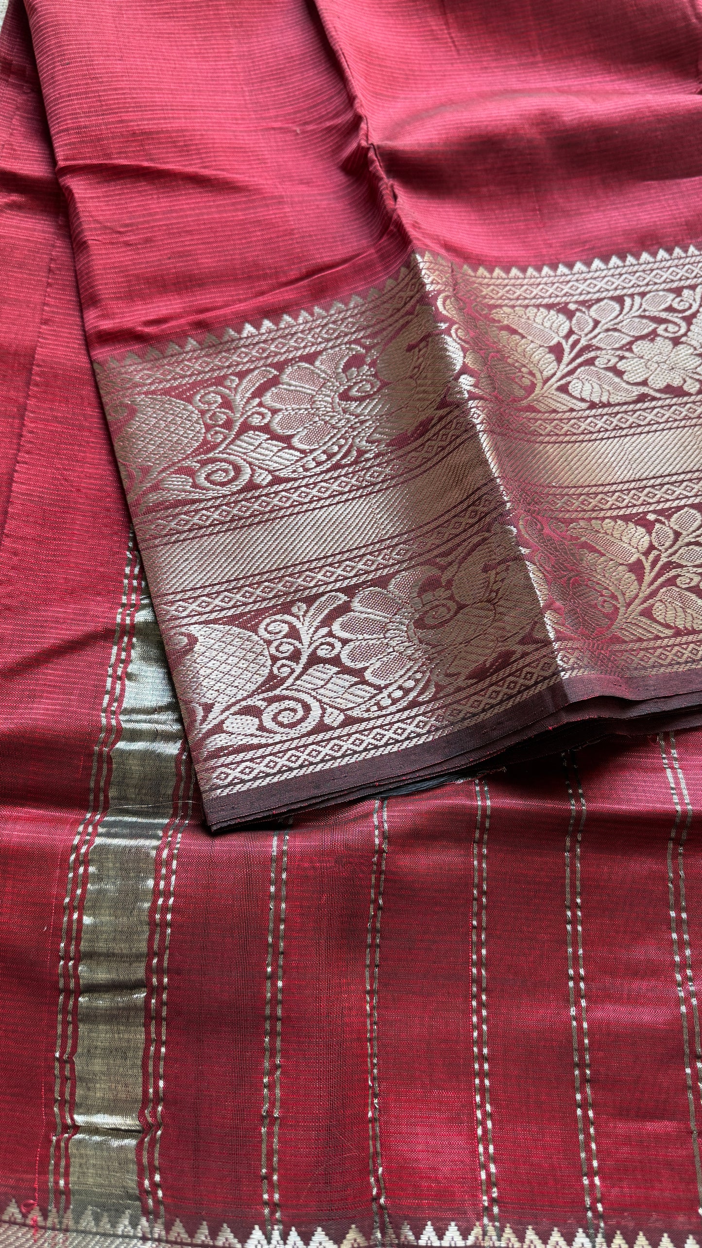 Maroon with silver peacock and floral woven zari border, mangalgiri silk cotton, handwoven, soft, light weight- YCWOTDMSCM03