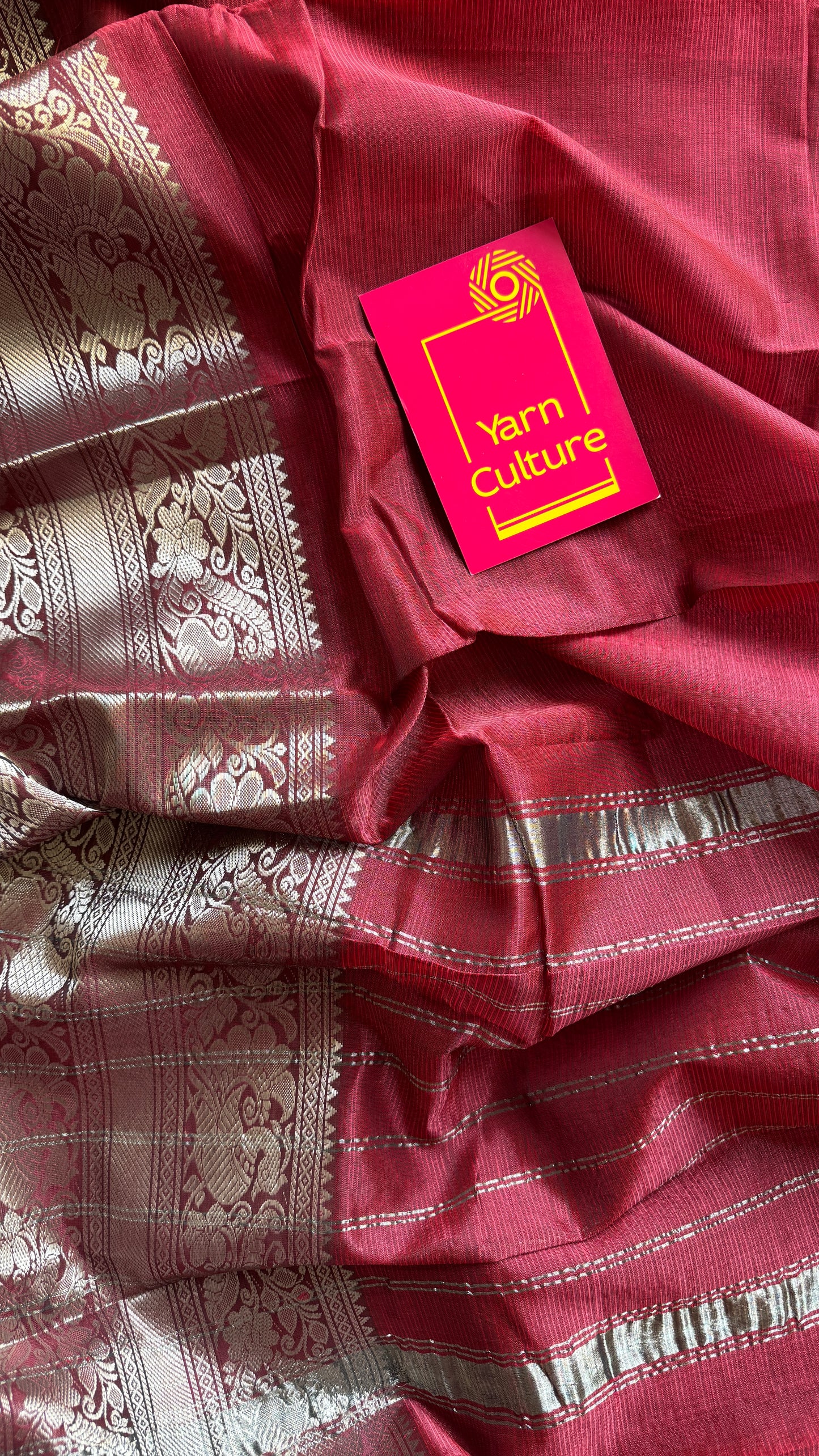 Maroon with silver peacock and floral woven zari border, mangalgiri silk cotton, handwoven, soft, light weight- YCWOTDMSCM03