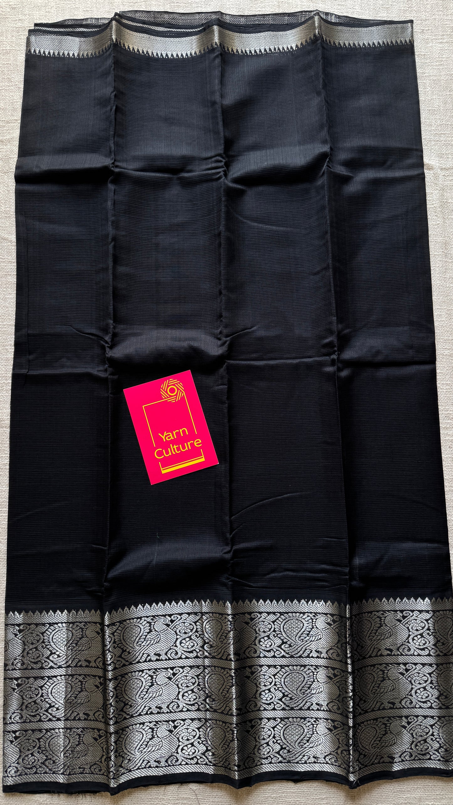 Black with silver peacock woven zari border, mangalgiri silk cotton, handwoven, soft, light weight - YCWOTDMSCM01