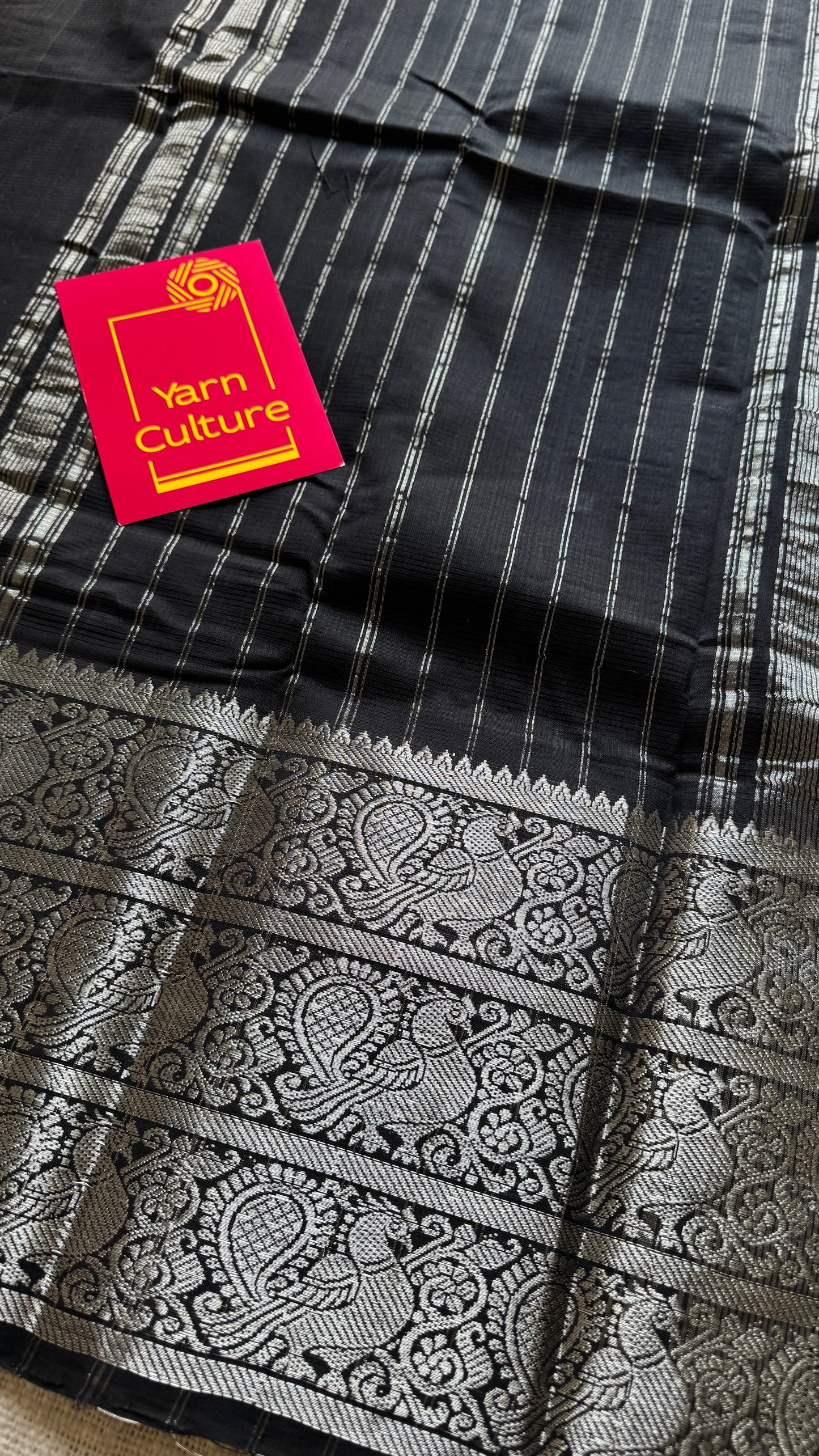 Black with silver peacock woven zari border, mangalgiri silk cotton, handwoven, soft, light weight - YCWOTDMSCM01