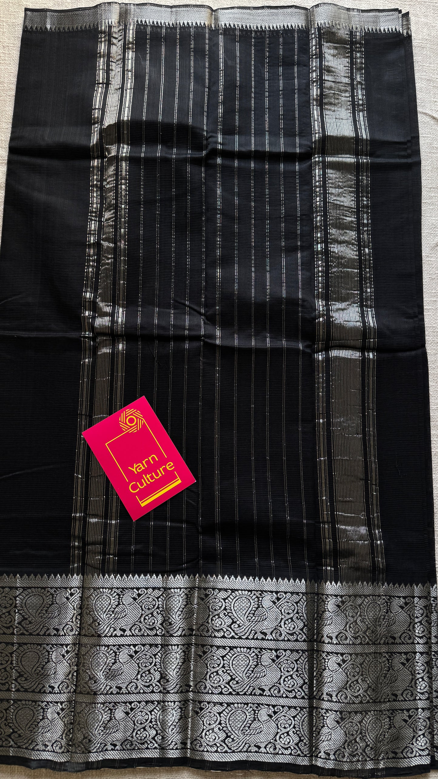 Black with silver peacock woven zari border, mangalgiri silk cotton, handwoven, soft, light weight - YCWOTDMSCM01