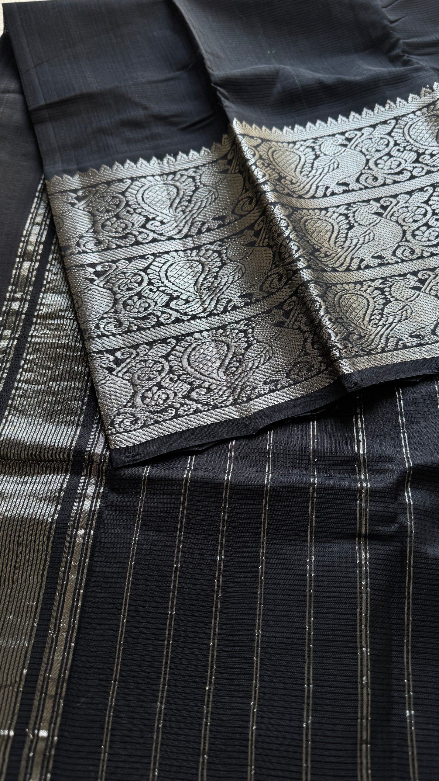 Black with silver peacock woven zari border, mangalgiri silk cotton, handwoven, soft, light weight - YCWOTDMSCM01