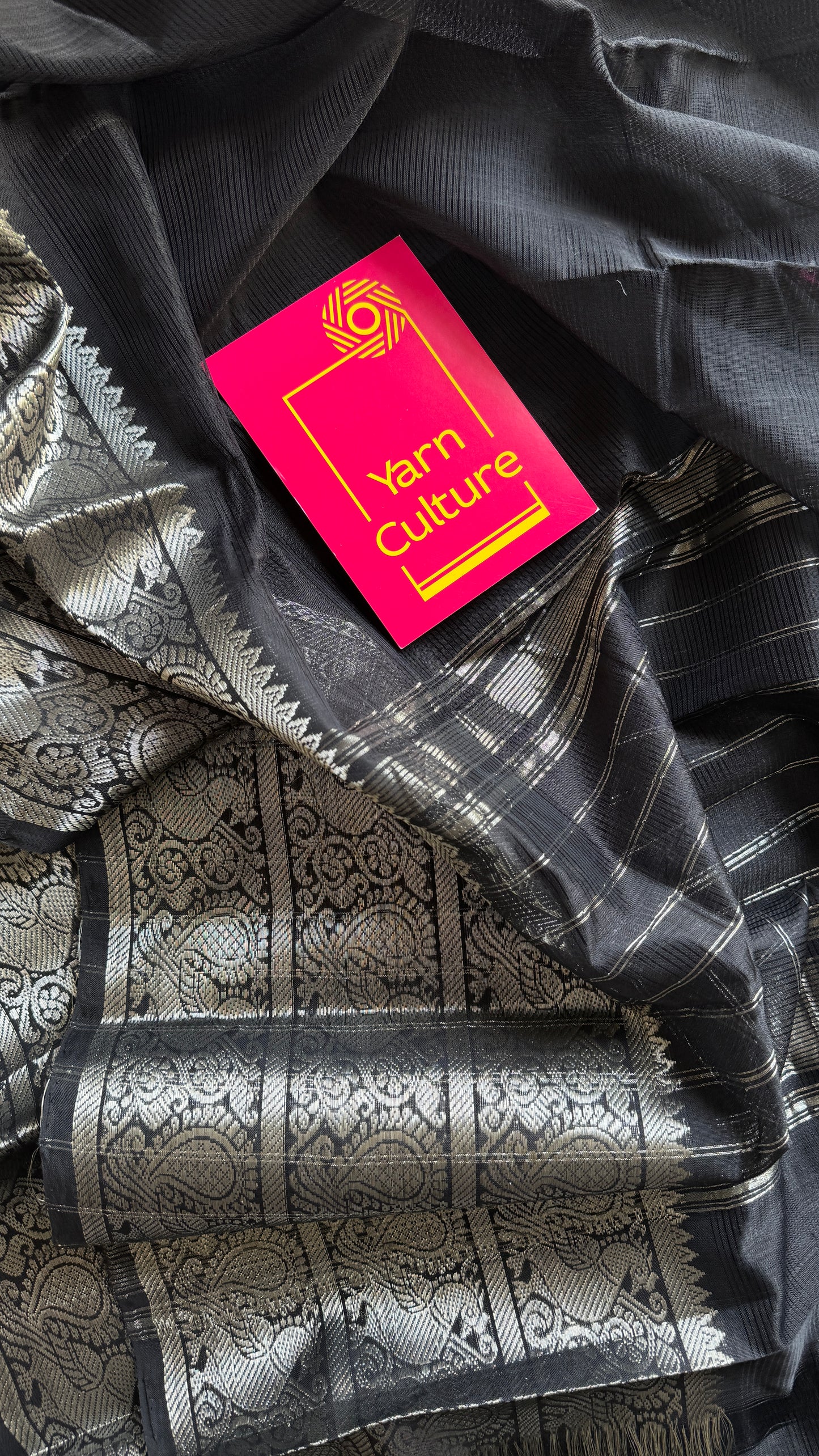 Black with silver peacock woven zari border, mangalgiri silk cotton, handwoven, soft, light weight - YCWOTDMSCM01
