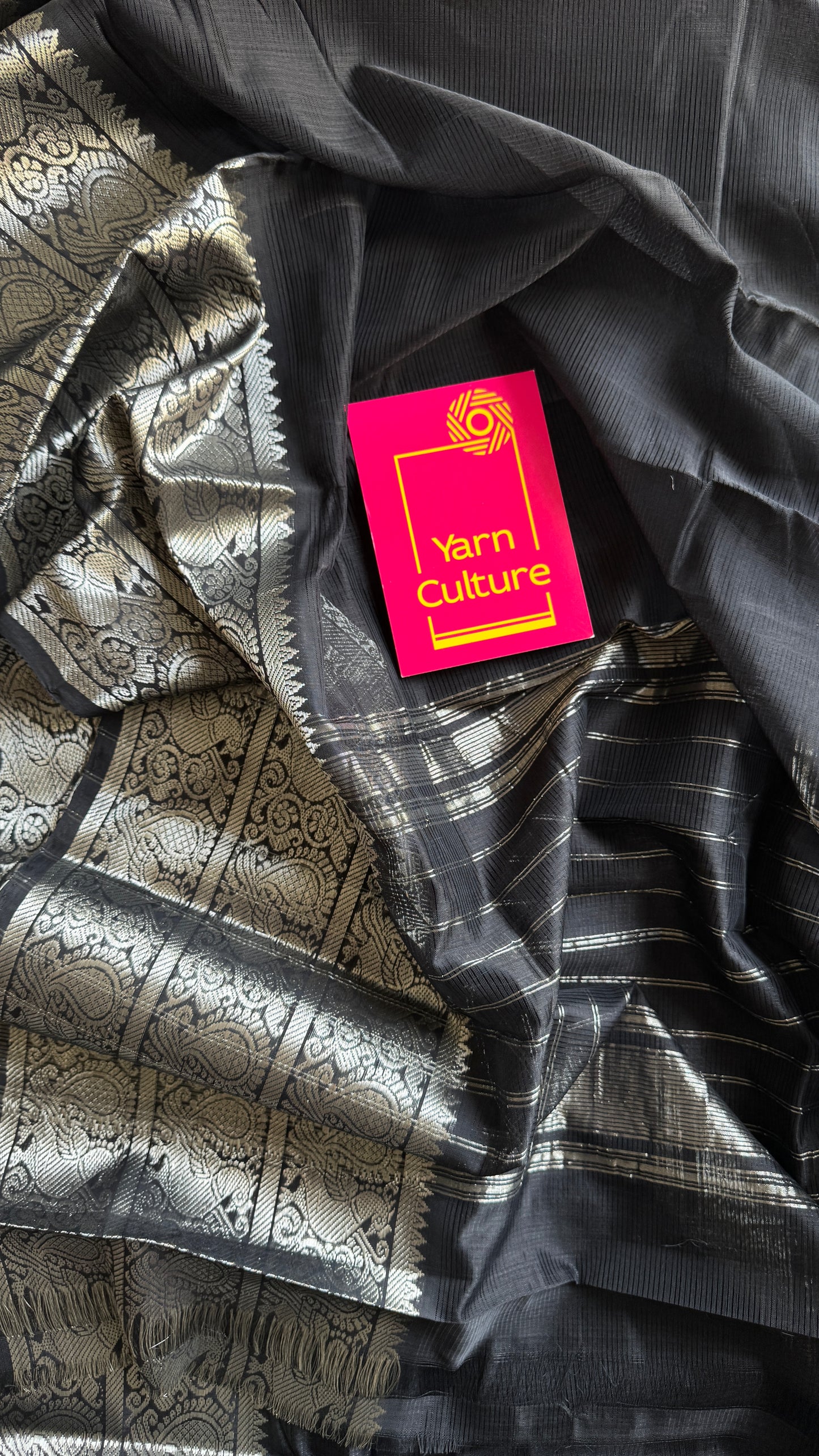 Black with silver peacock woven zari border, mangalgiri silk cotton, handwoven, soft, light weight - YCWOTDMSCM01