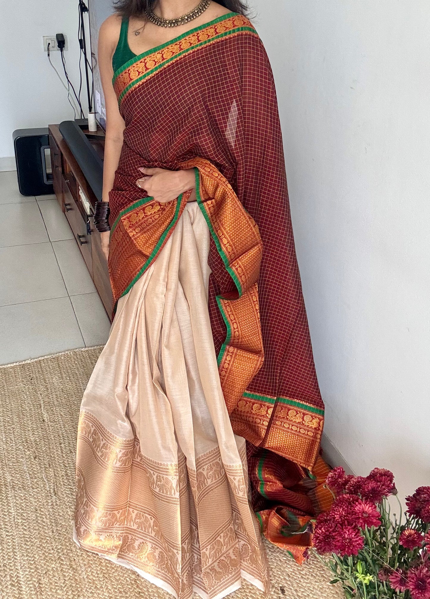 Maroon checks - Ivory gold (dhavani), unstitched material, soft cotton - YCAHSN17
