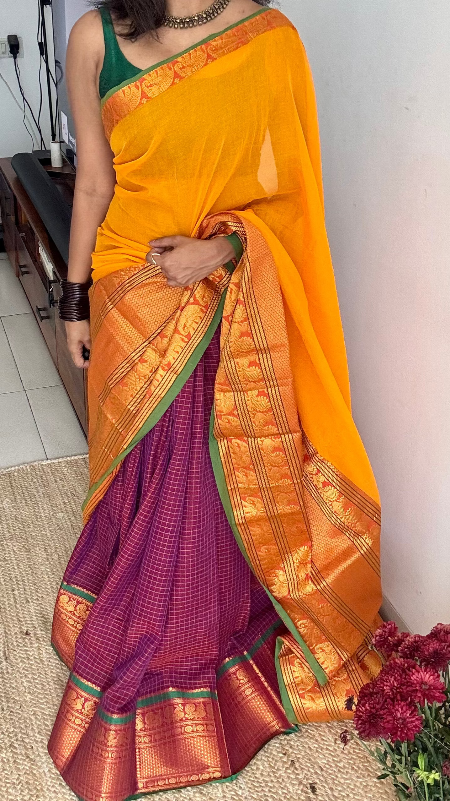 Yellow - Purple pink half saree (dhavani), unstitched material, soft cotton - YCAHSN19