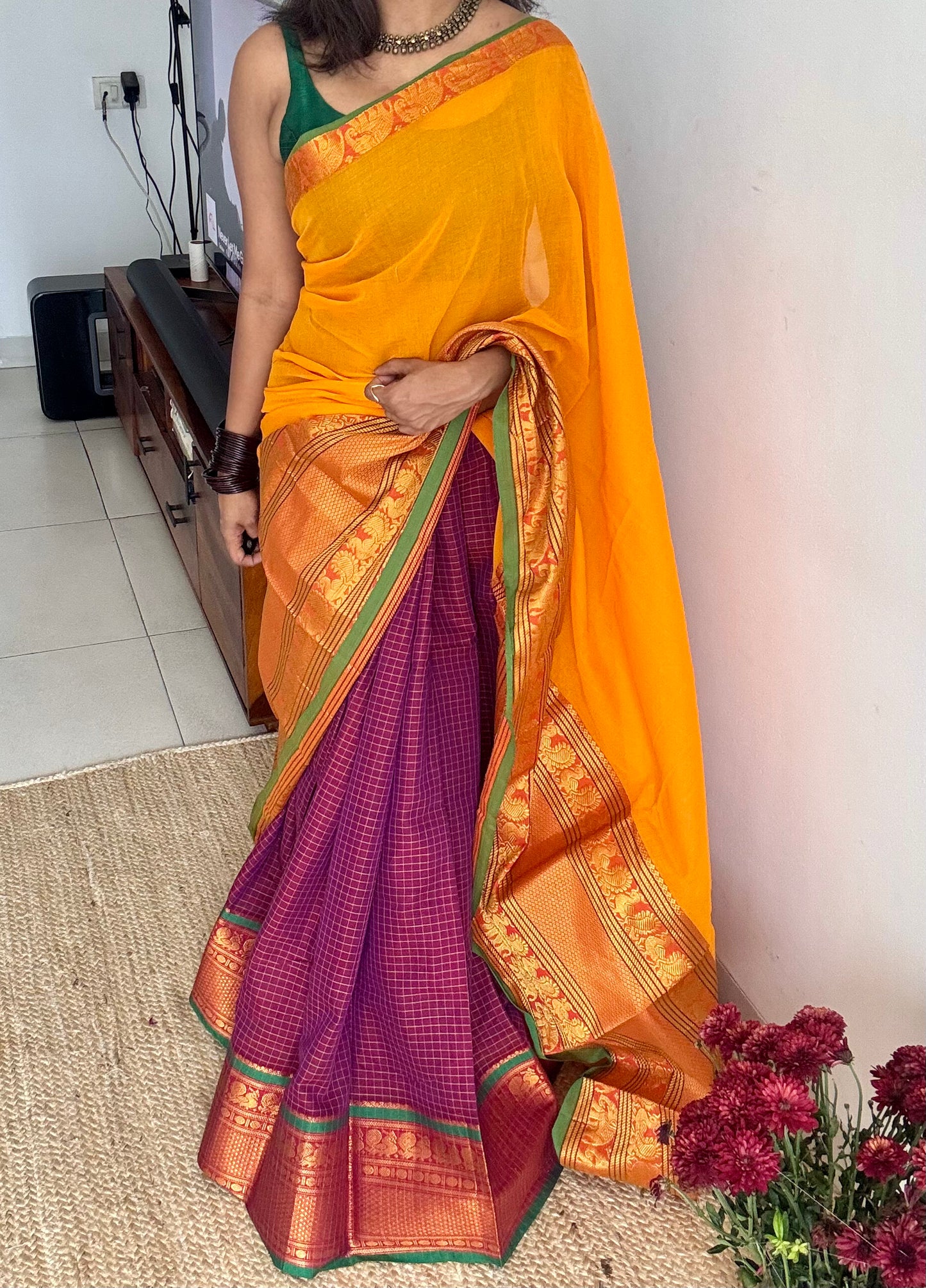 Yellow - Purple pink half saree (dhavani), unstitched material, soft cotton - YCAHSN19
