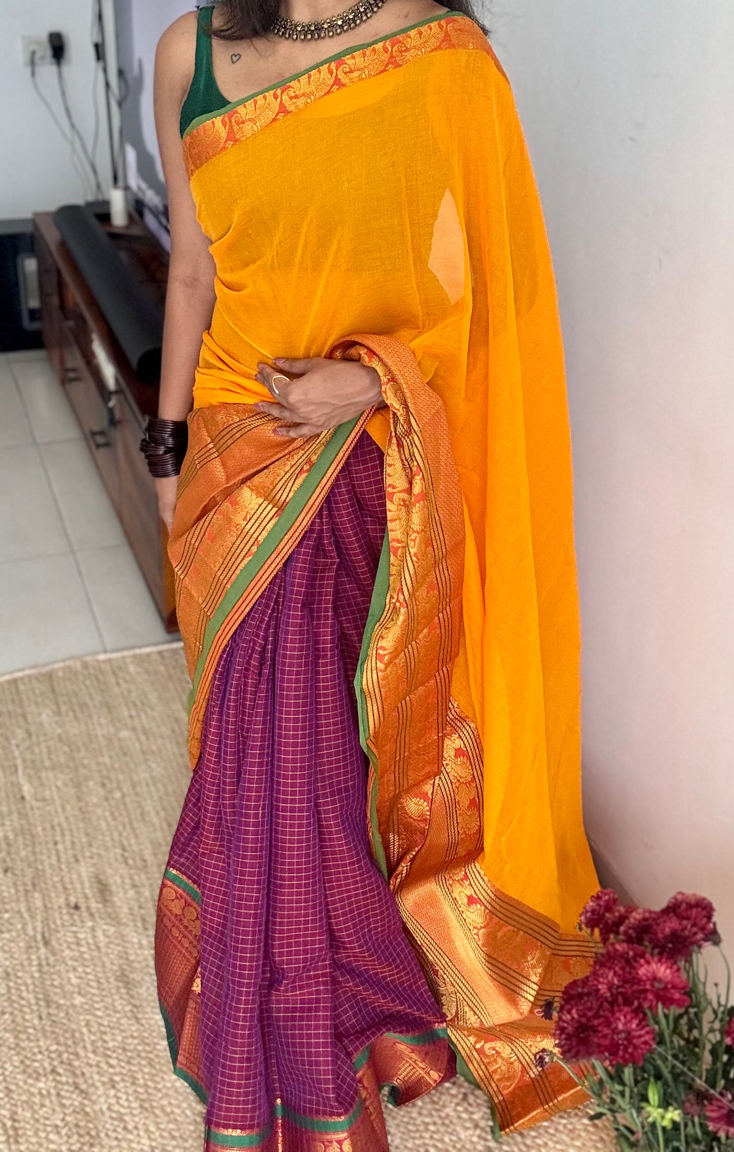 Yellow - Purple pink half saree (dhavani), unstitched material, soft cotton - YCAHSN19