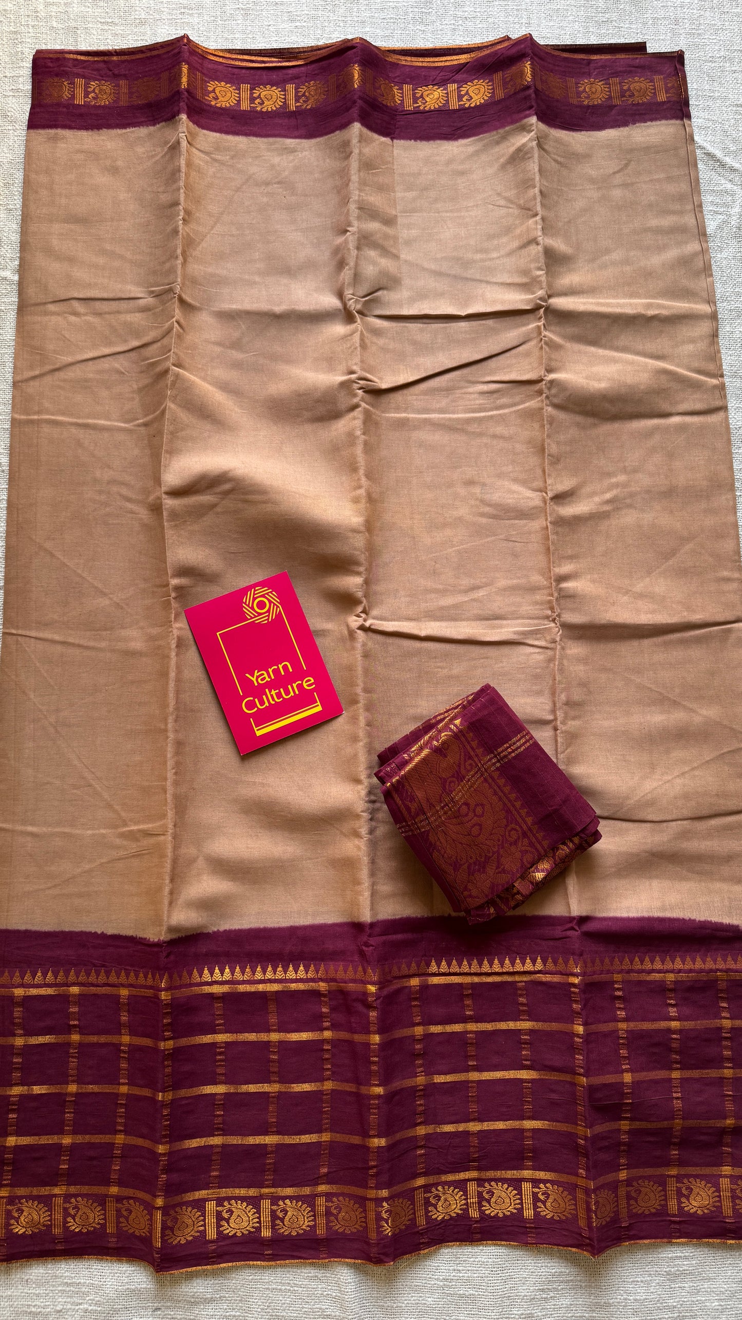 Beige - Maroon Kattam (Checkered) Border - Madurai Sungudi cotton - YCCOTNSKCB07