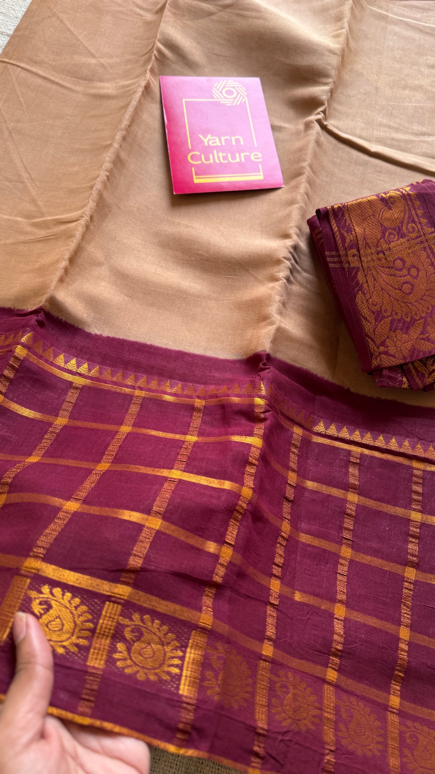 Beige - Maroon Kattam (Checkered) Border - Madurai Sungudi cotton - YCCOTNSKCB07