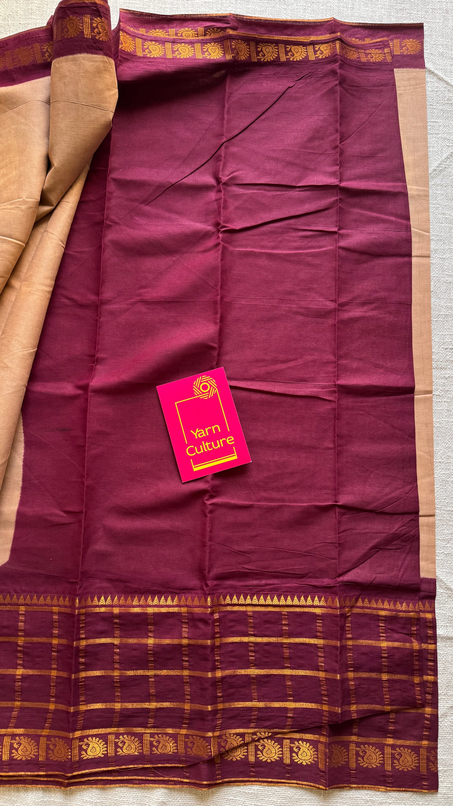 Beige - Maroon Kattam (Checkered) Border - Madurai Sungudi cotton - YCCOTNSKCB07