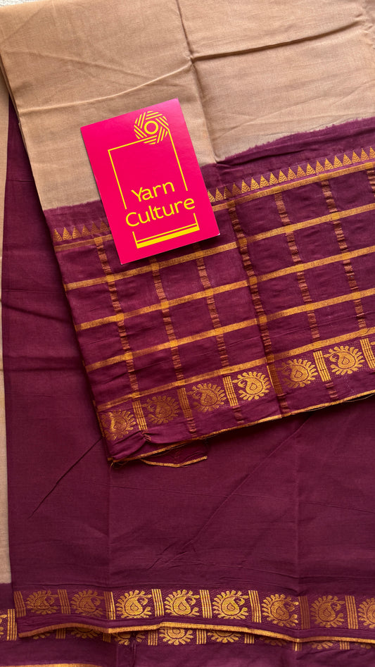 Beige - Maroon Kattam (Checkered) Border - Madurai Sungudi cotton - YCCOTNSKCB07