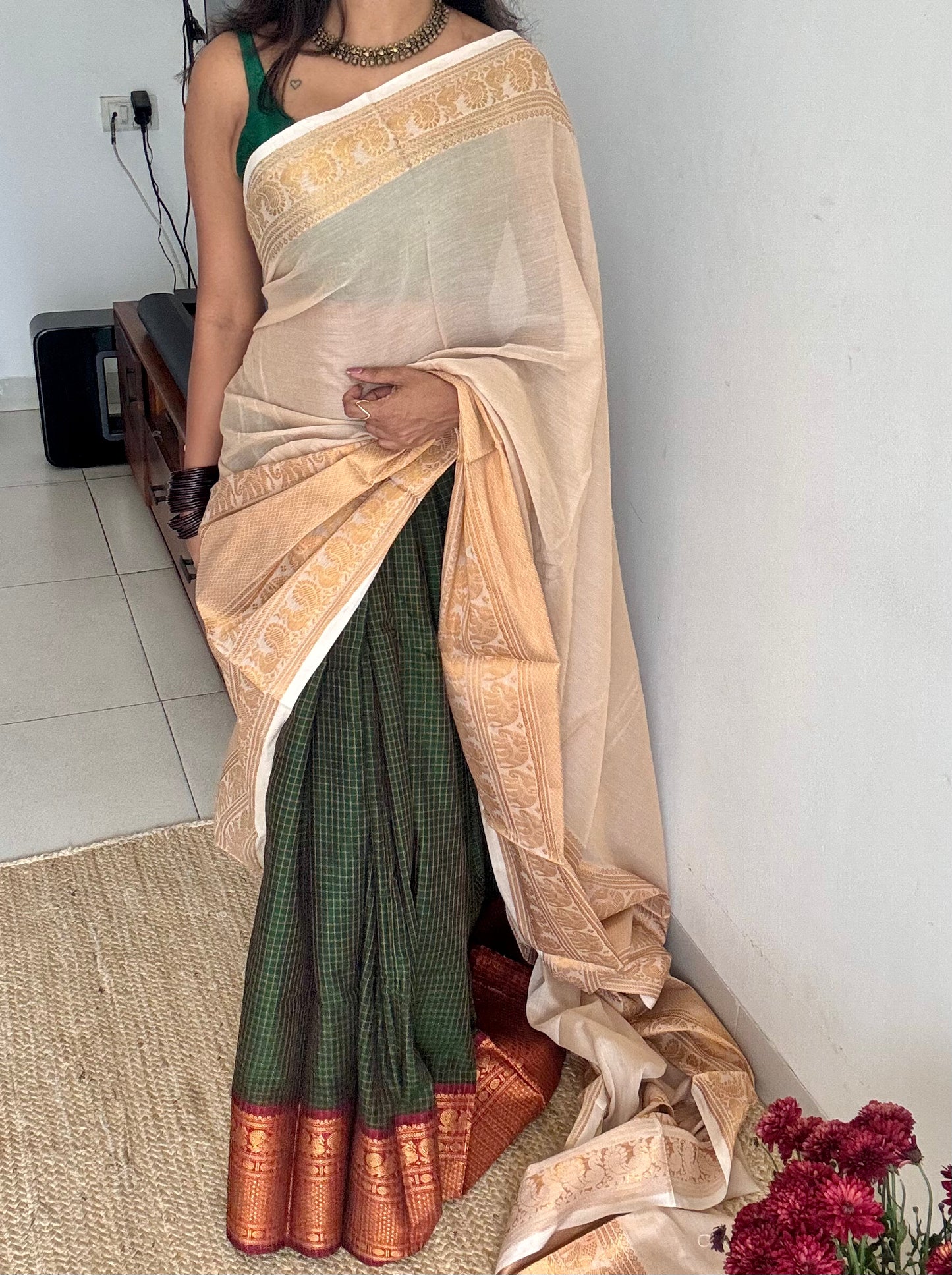 Ivory gold - Green half saree (dhavani), unstitched material, soft cotton - YCAHSN20