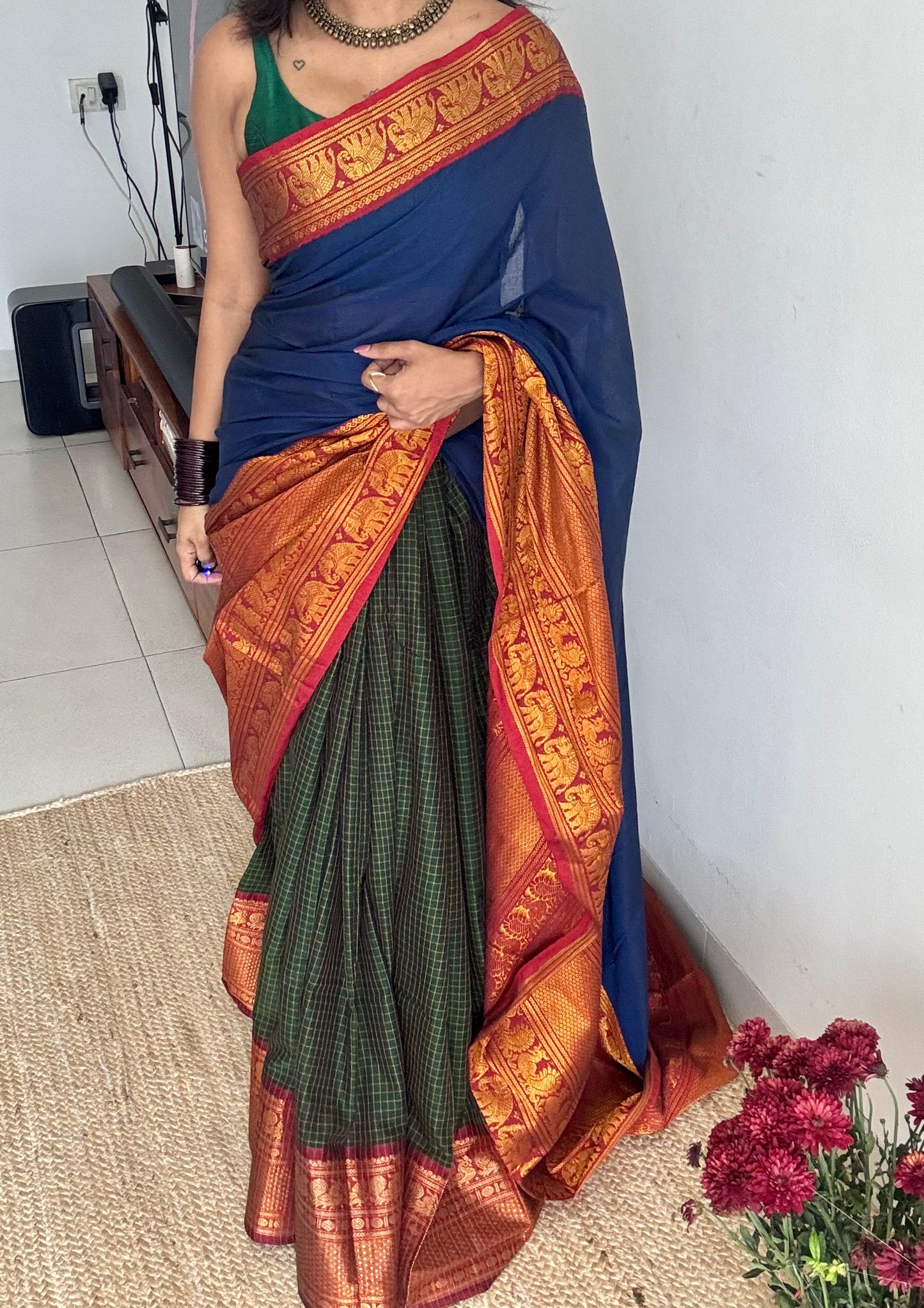Blue - Green Checks half saree (dhavani), unstitched material, soft cotton - YCAHSN21
