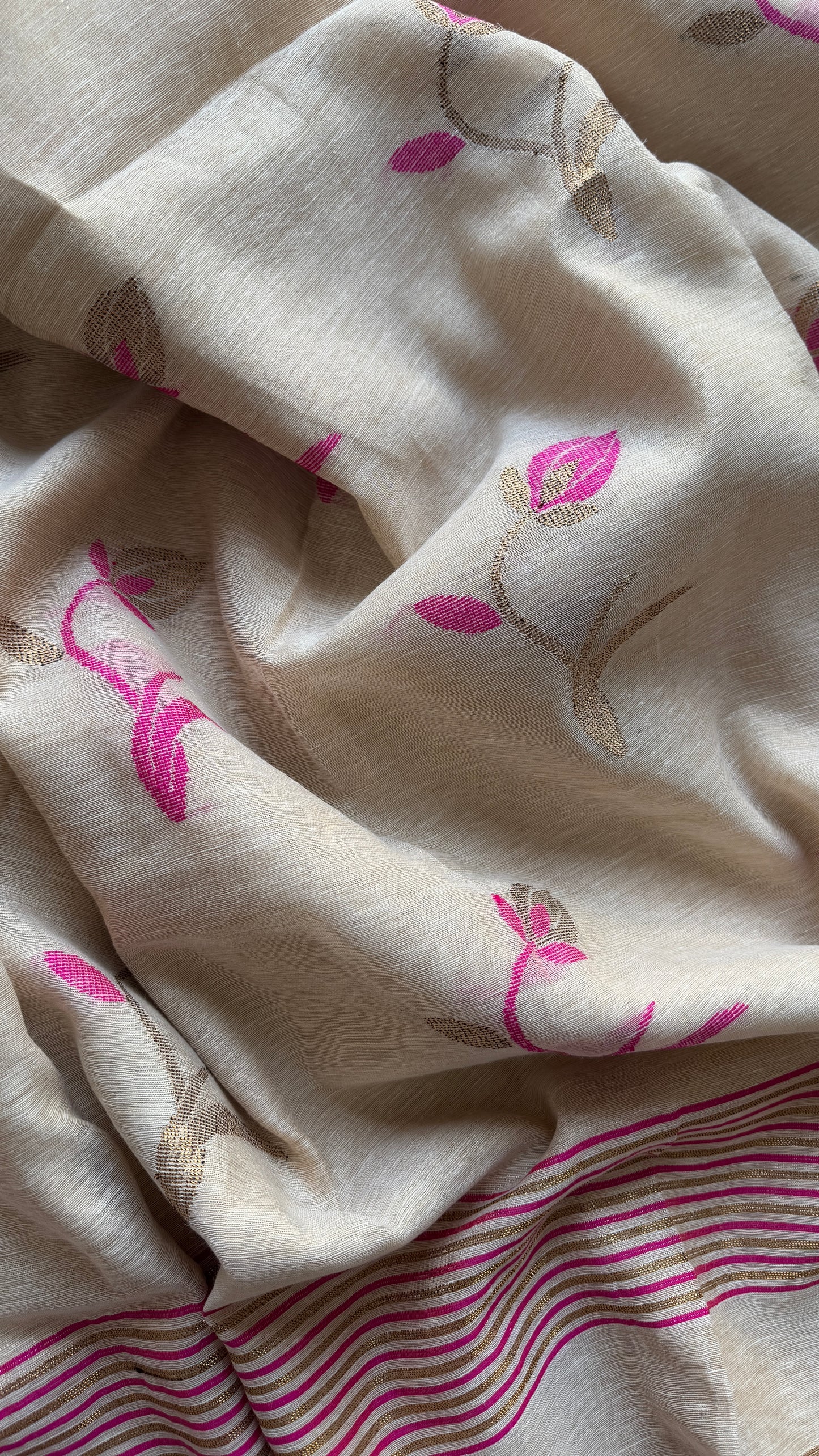 Rosebuds in Ivory - Pure Linen, Handwoven