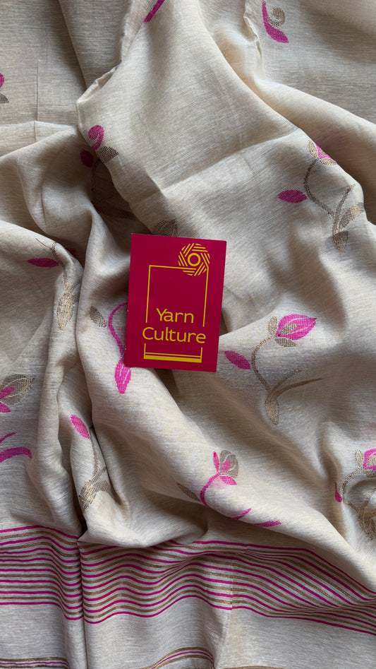 Rosebuds in Ivory - Pure Linen, Handwoven