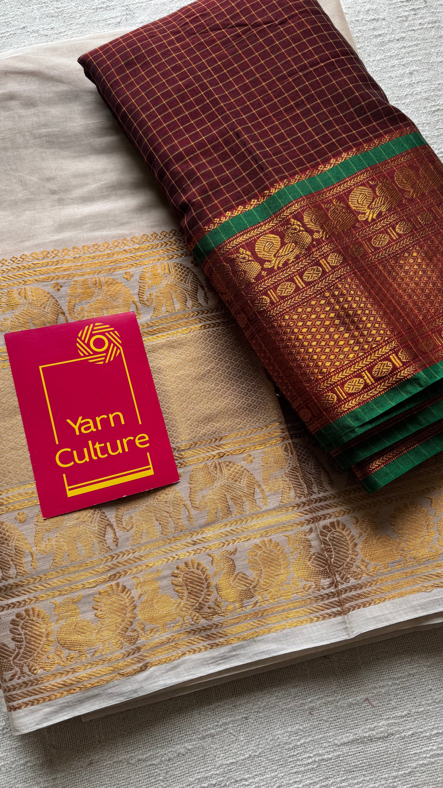 Maroon checks - Ivory gold (dhavani), unstitched material, soft cotton - YCAHSN17