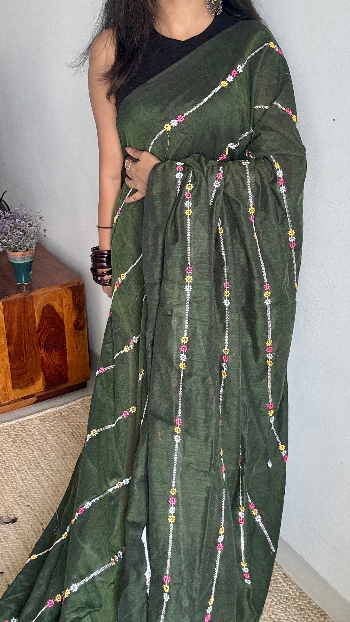 Dark Green floral embroidery - Khadi Soft Cotton YCBCKFS03