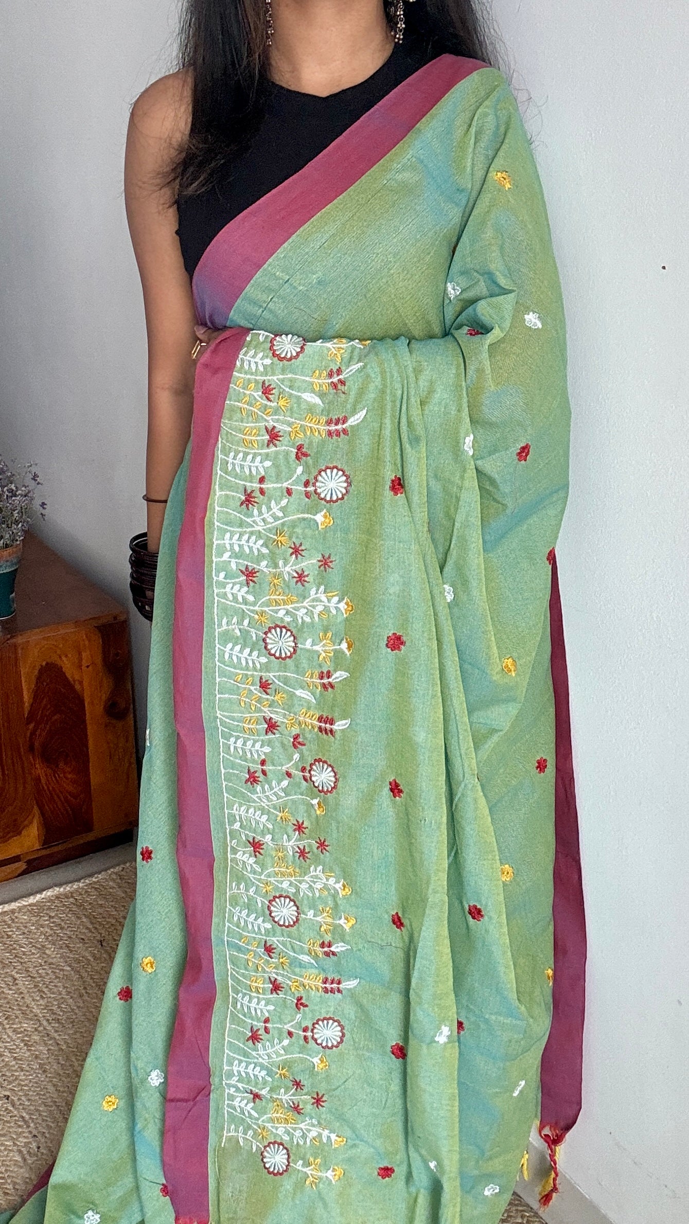 Green with wine floral embroidery - Khadi Soft Cotton YCBCKFB02
