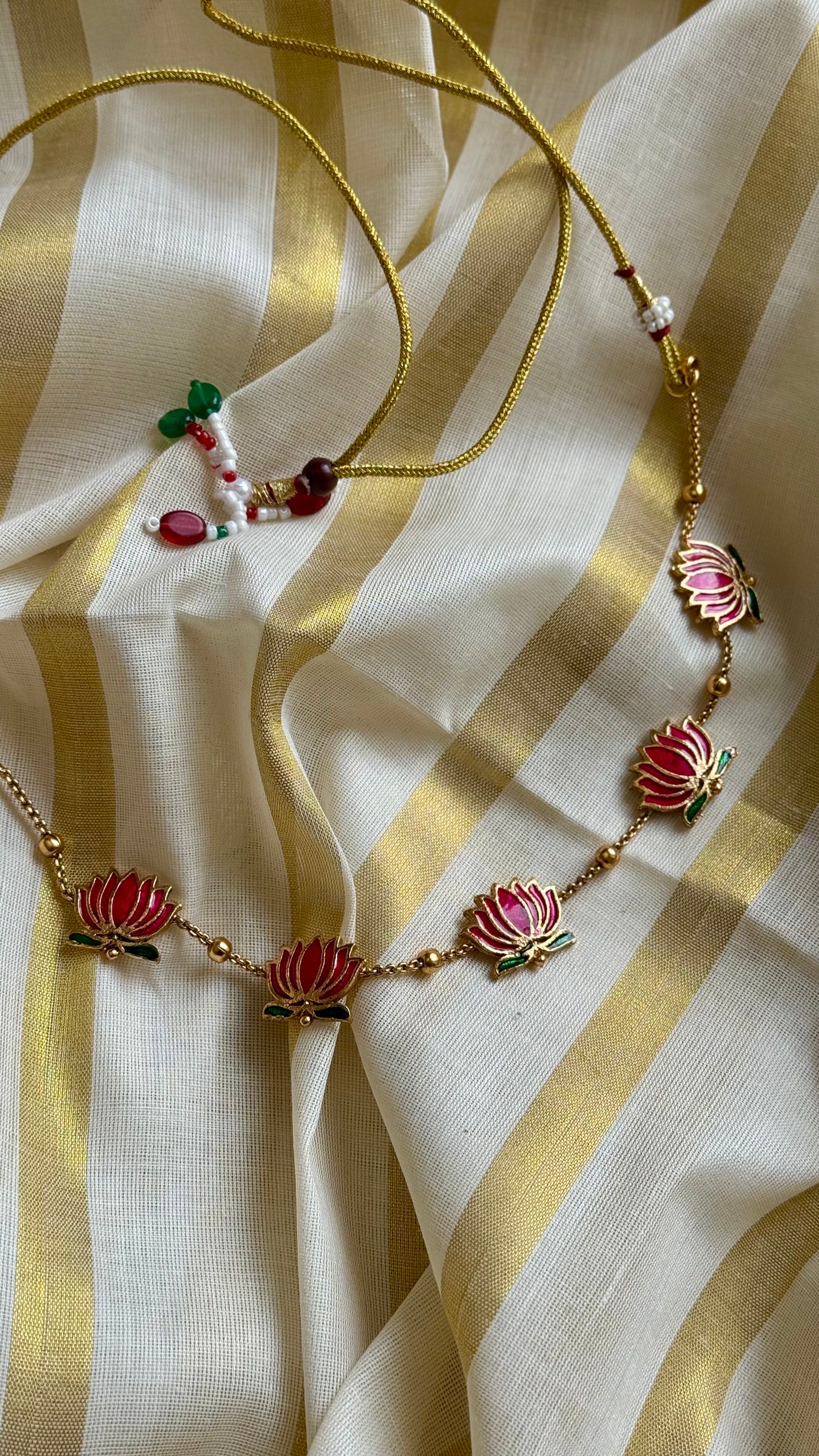 Pink green lotus chain with earrings - YCAGC160