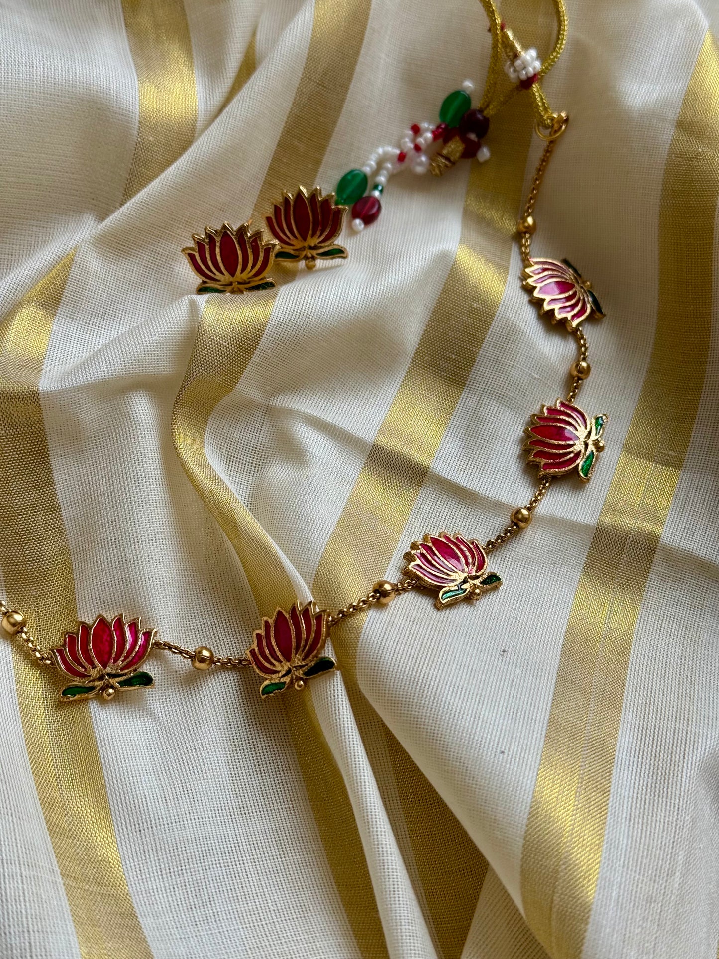 Pink green lotus chain with earrings - YCAGC160