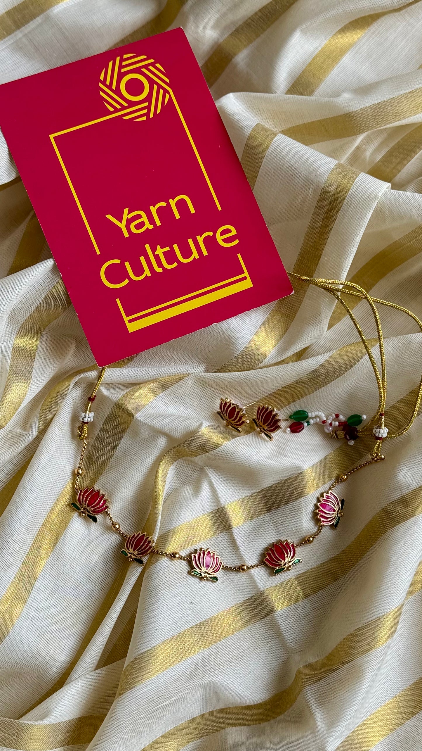 Pink green lotus chain with earrings - YCAGC160