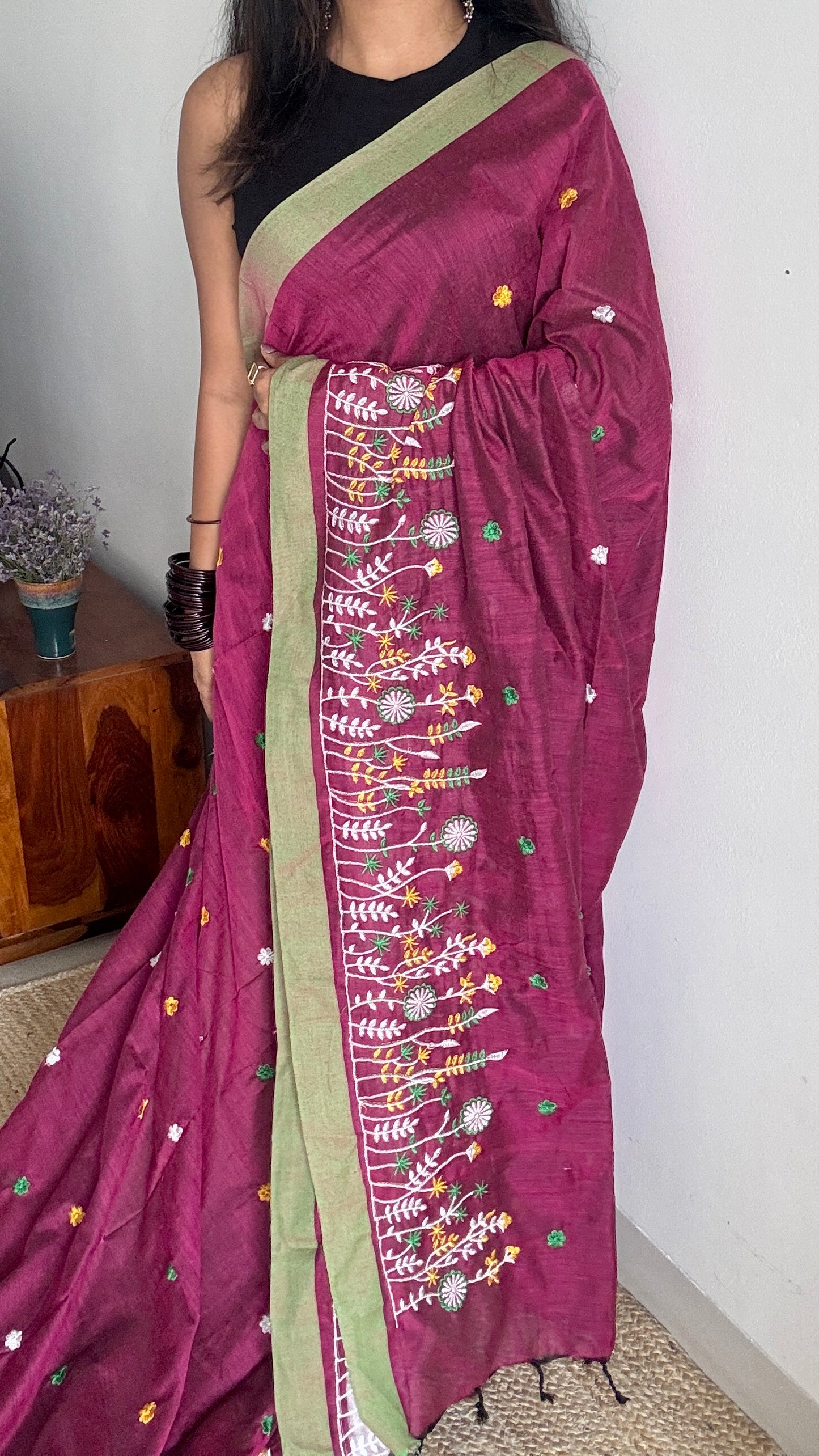 Grape with green floral embroidery - Khadi Soft Cotton