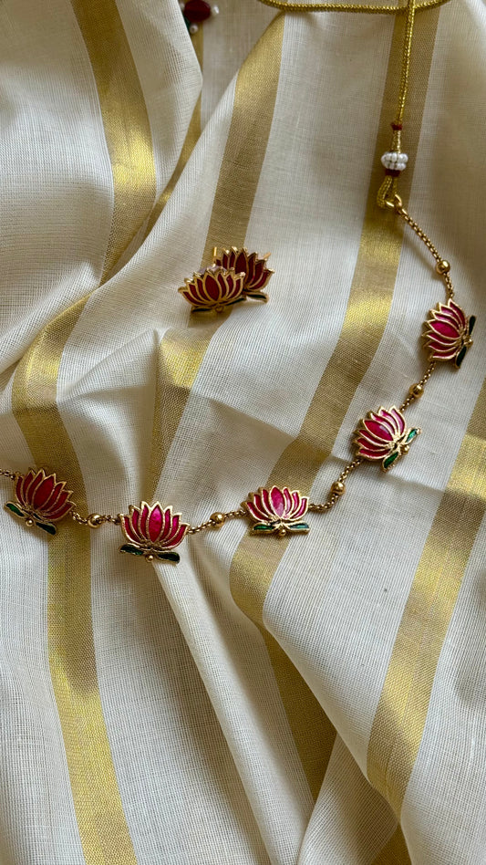 Pink green lotus chain with earrings - YCAGC160