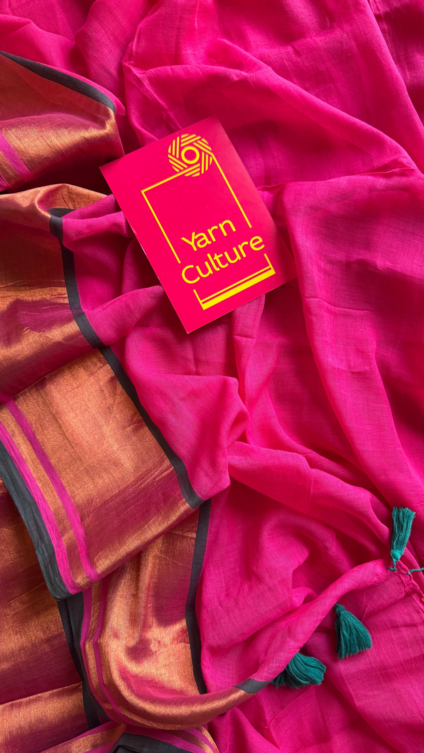 Dark pink with antique gold zari border, mul cotton YCBCMCM06