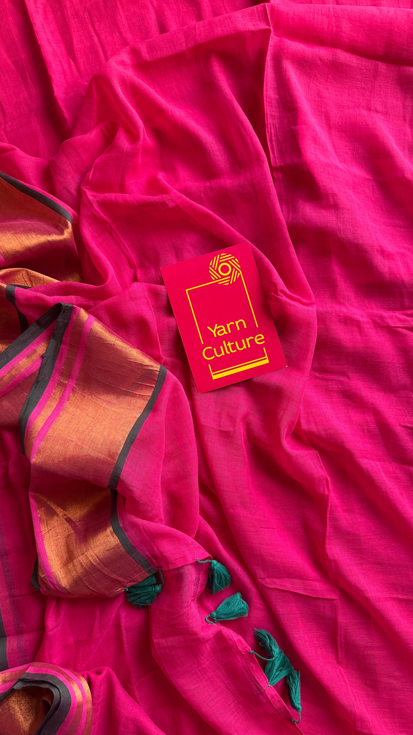 Dark pink with antique gold zari border, mul cotton YCBCMCM06