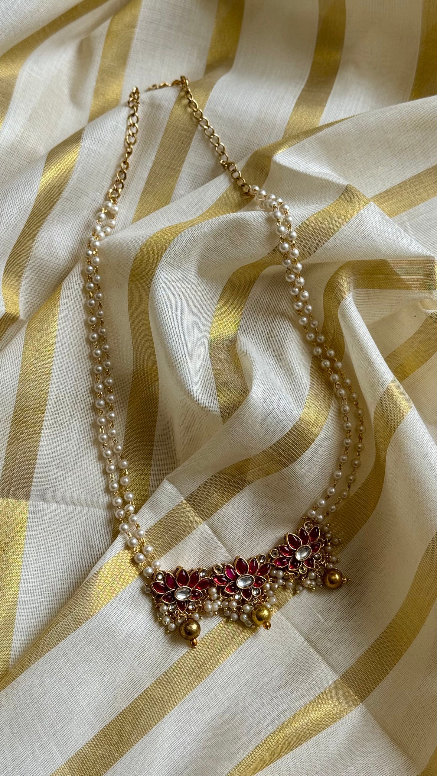 Dark pink lotus pendants in pearl beaded chain - YCAGC09