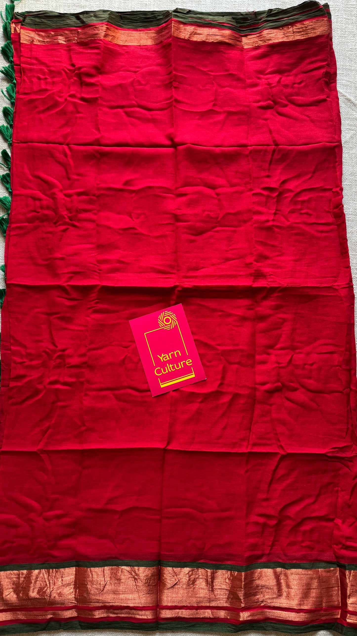 Red with antique gold zari border, mul cotton YCBCMCM07