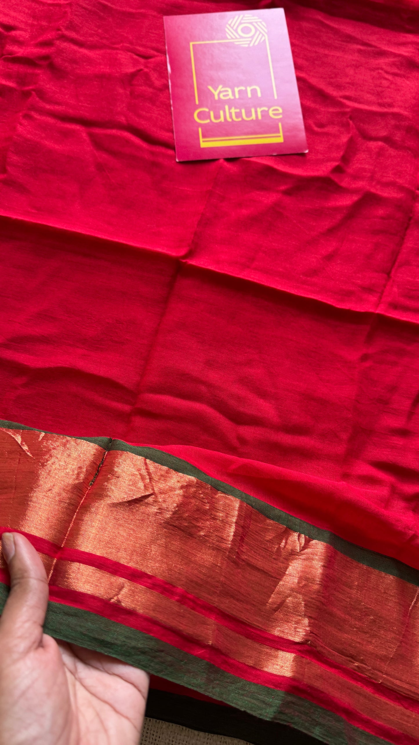 Red with antique gold zari border, mul cotton YCBCMCM07