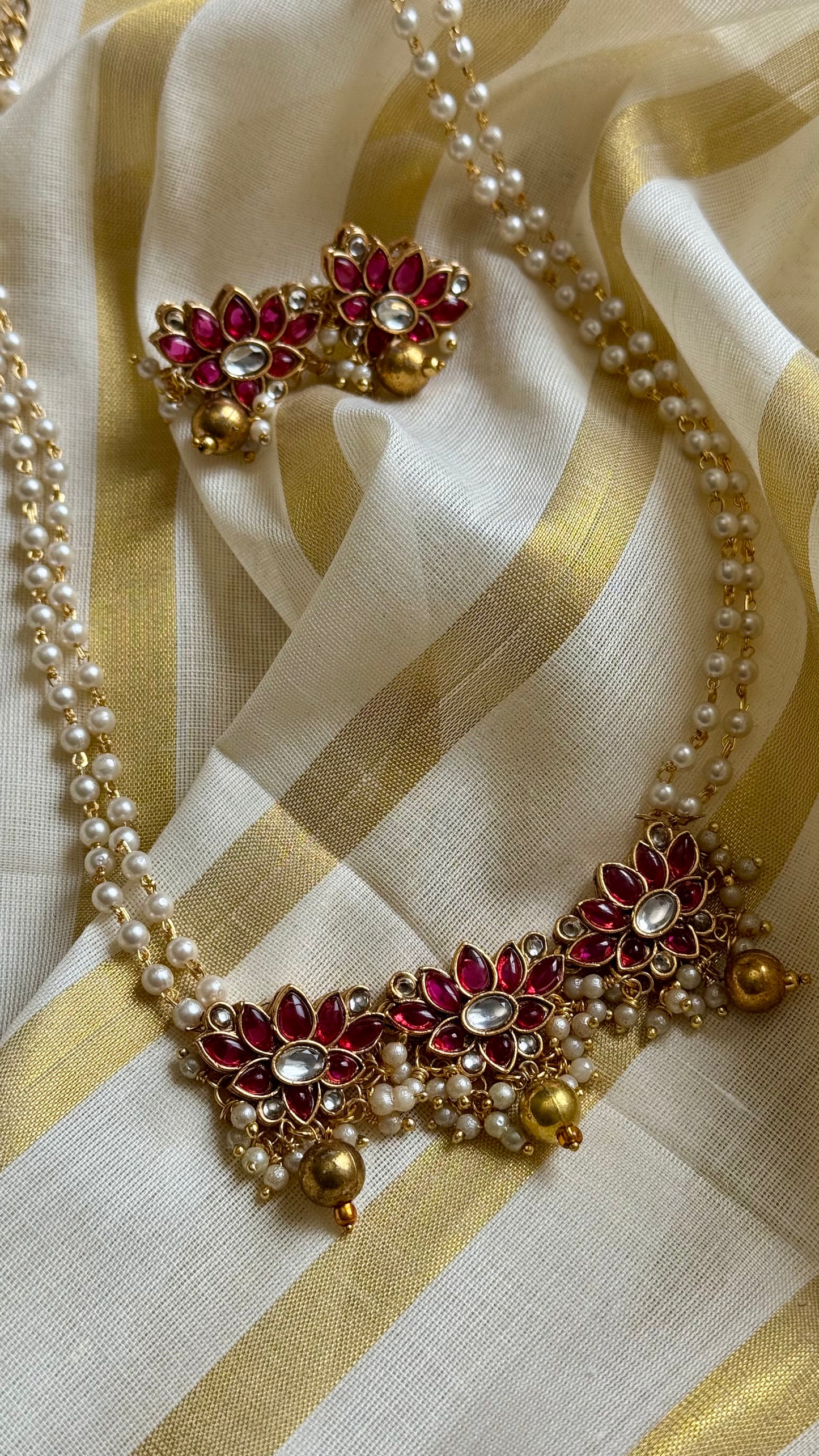 Dark pink lotus pendants in pearl beaded chain - YCAGC09