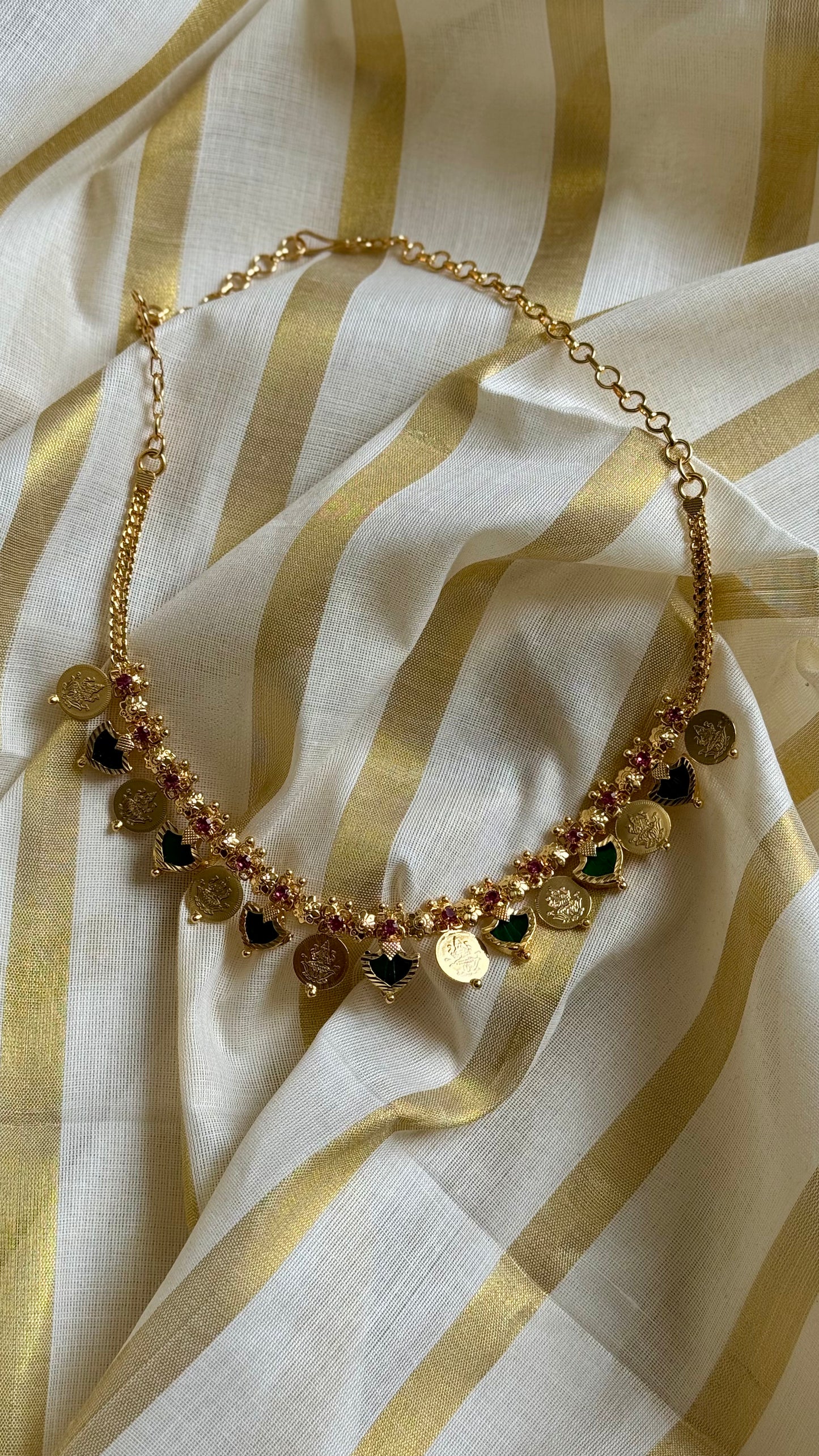 Coin and green palakka necklace in gold finish - YCAGC10