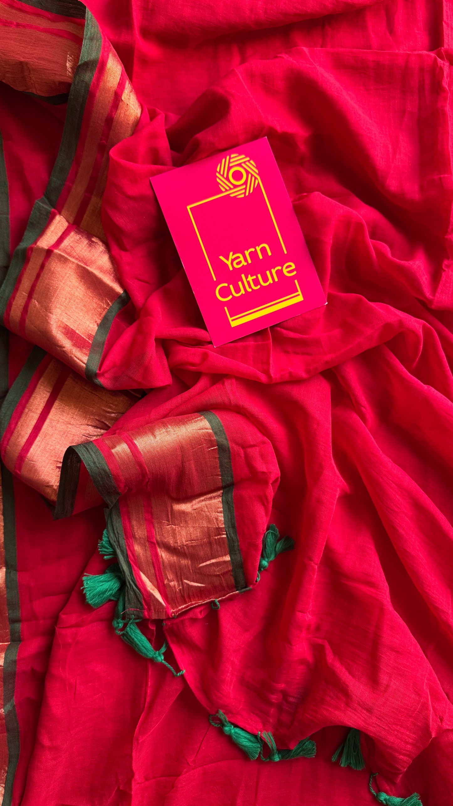 Red with antique gold zari border, mul cotton YCBCMCM07
