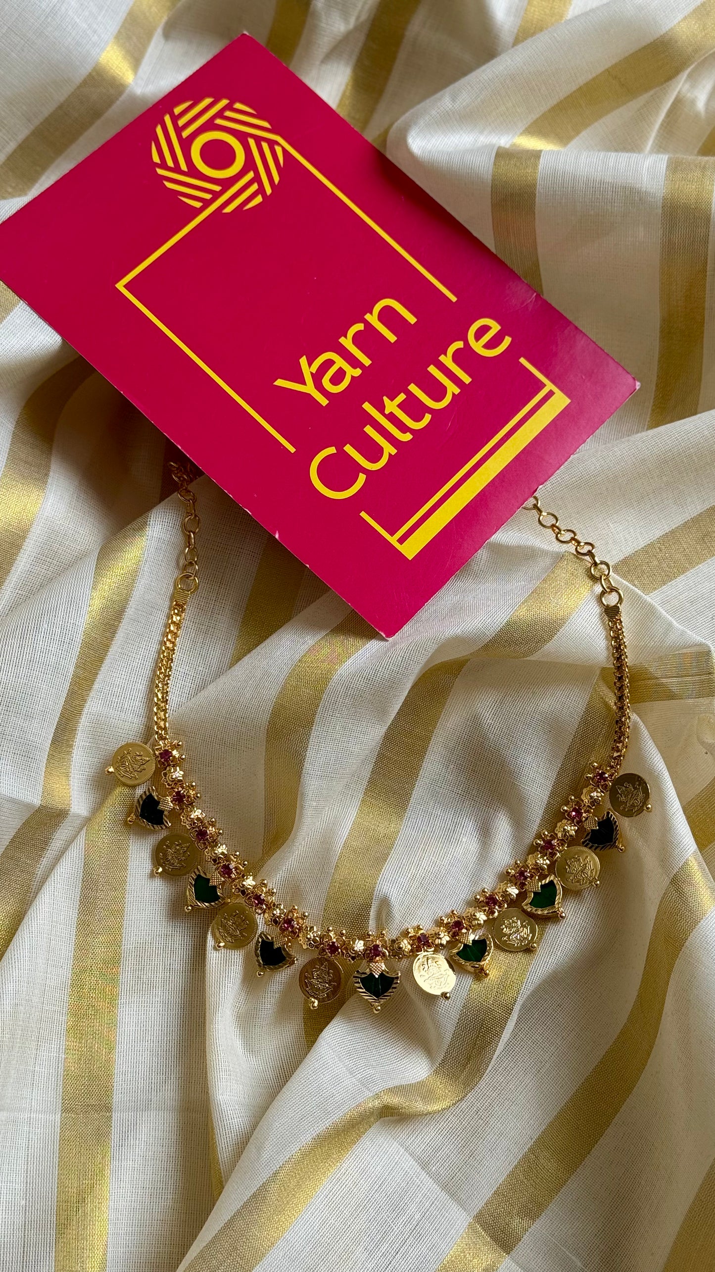 Coin and green palakka necklace in gold finish - YCAGC10
