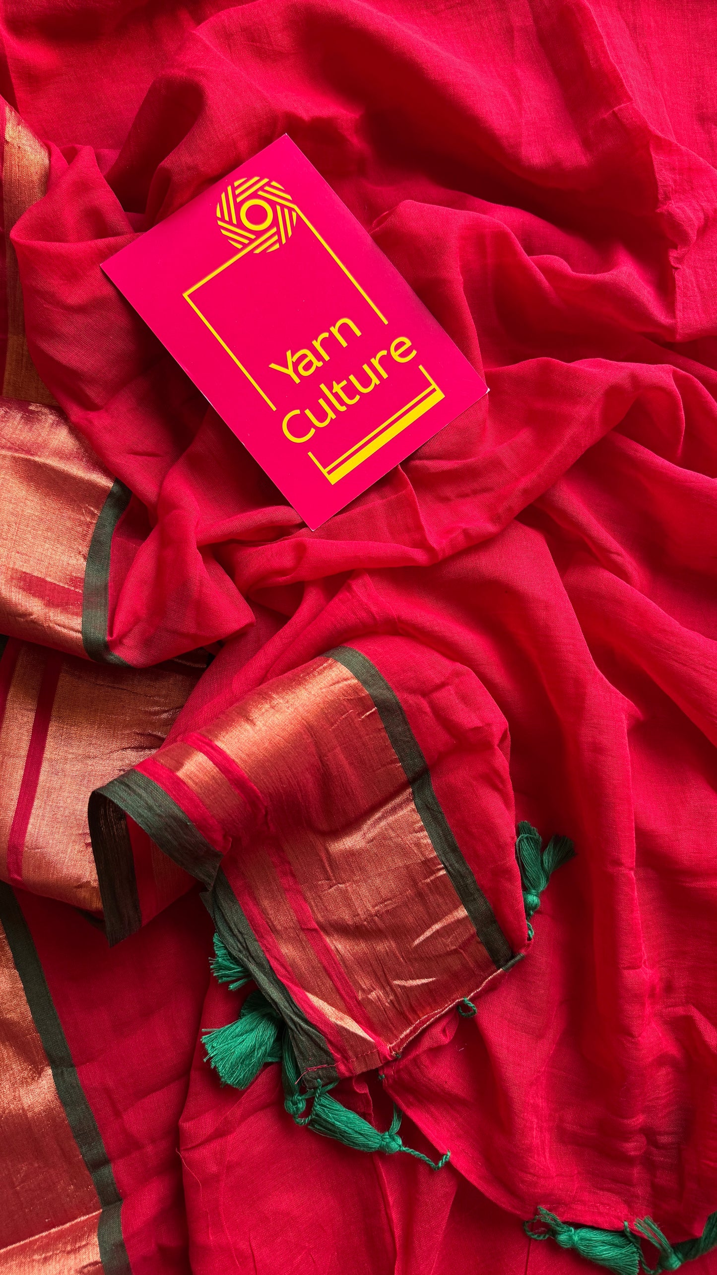Red with antique gold zari border, mul cotton YCBCMCM07
