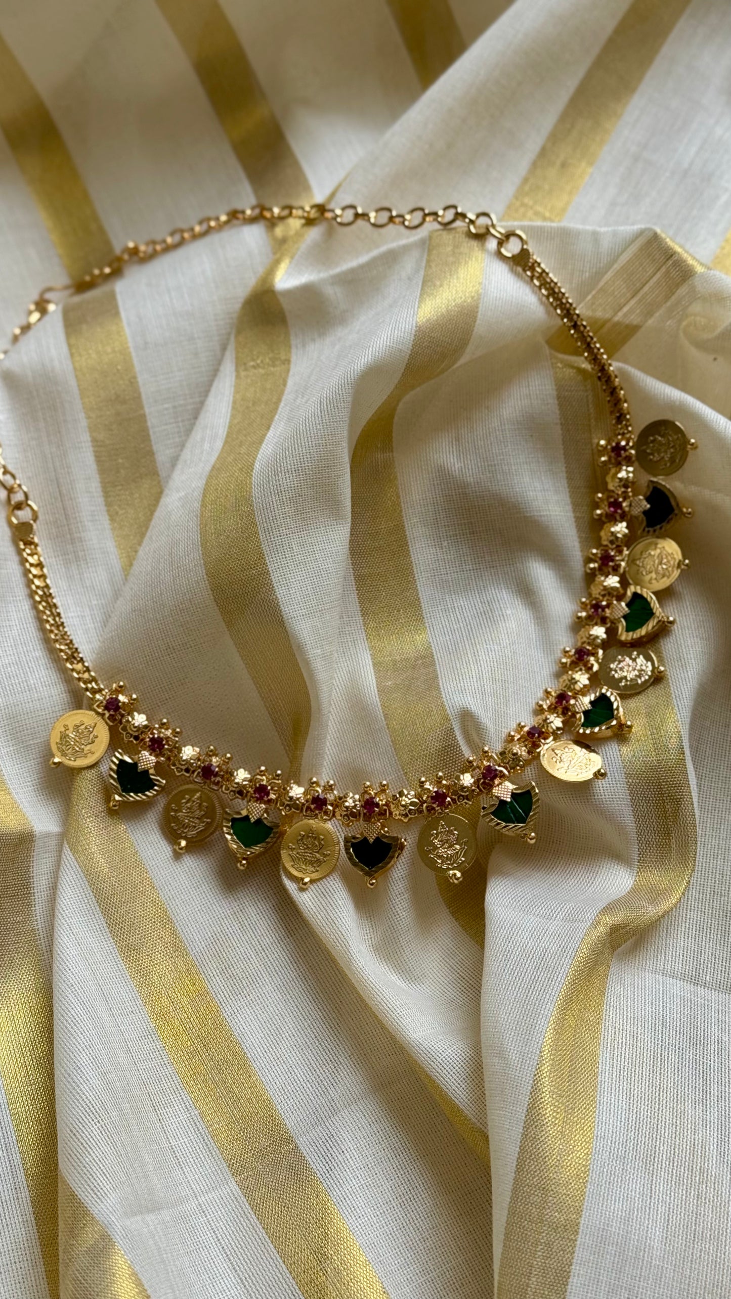 Coin and green palakka necklace in gold finish - YCAGC10