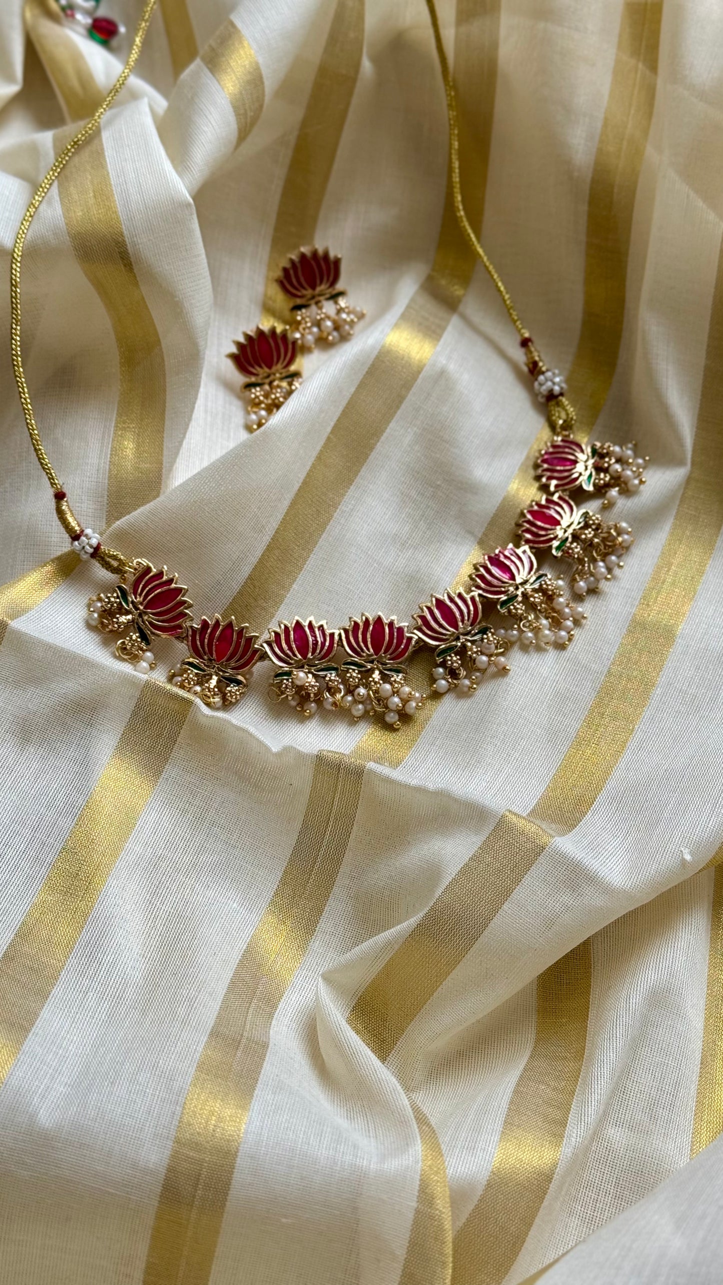 Pink lotus pendants with pearl drops, neckpiece - YCAGC150
