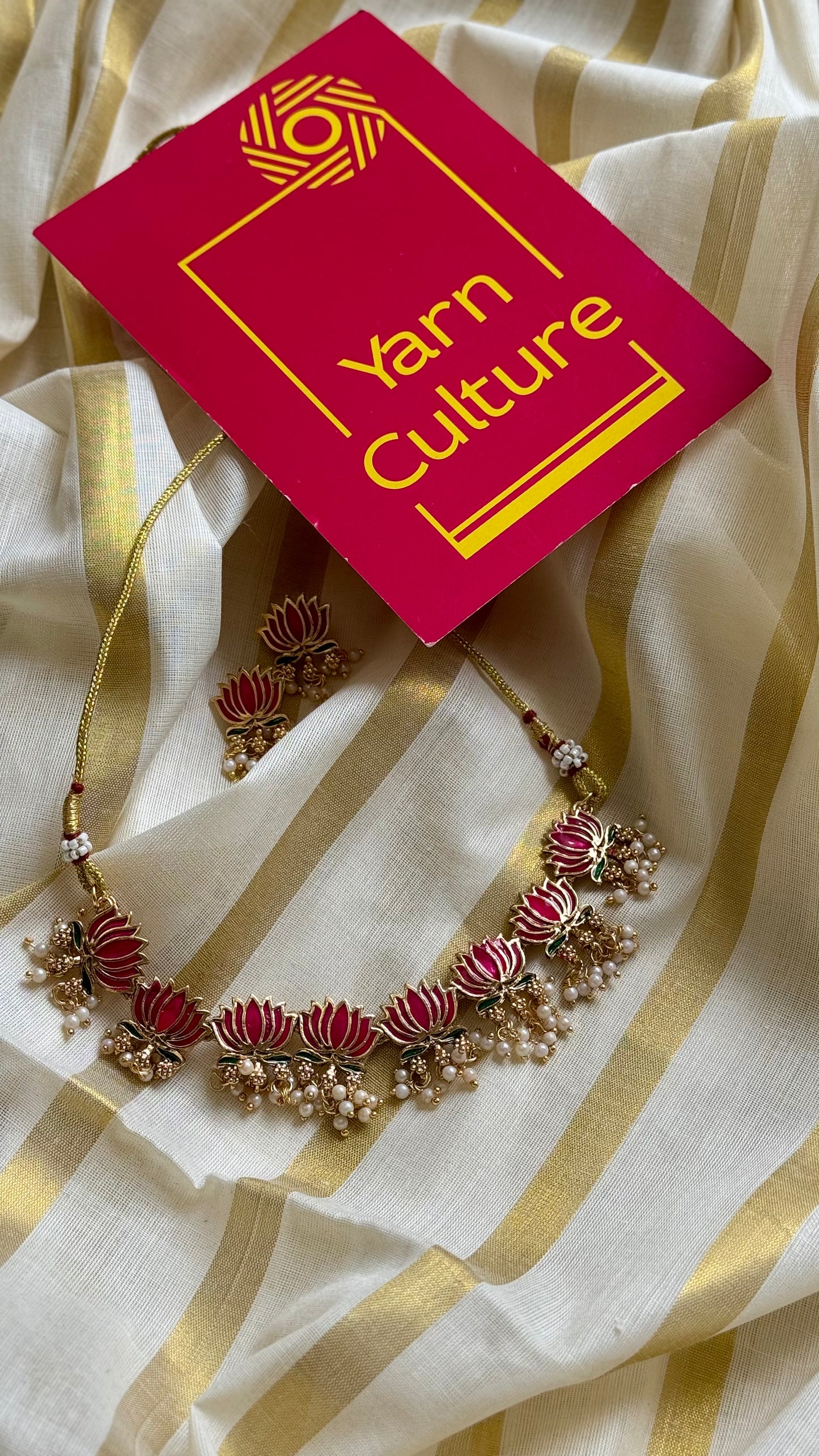 Pink lotus pendants with pearl drops, neckpiece - YCAGC150