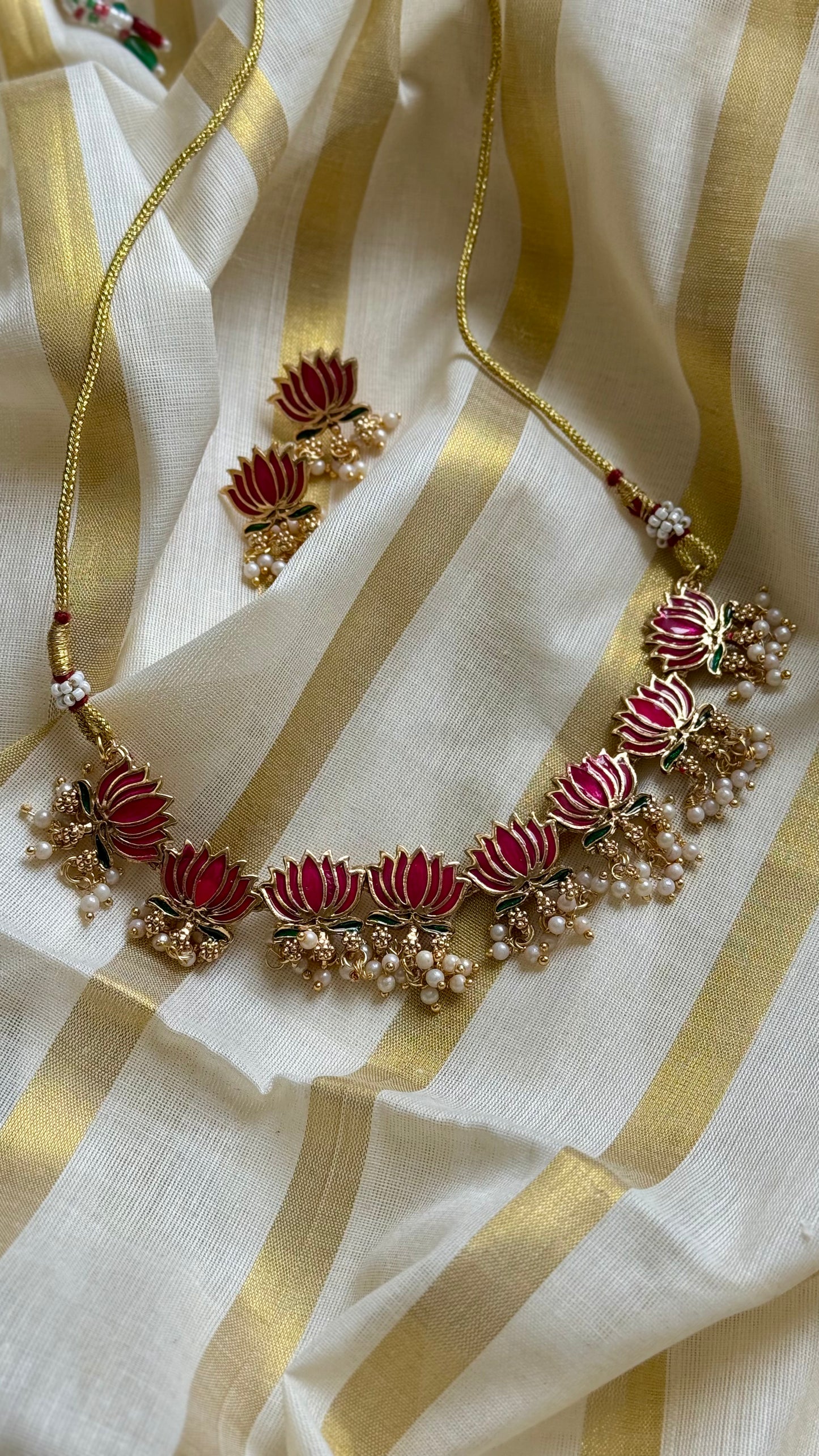 Pink lotus pendants with pearl drops, neckpiece - YCAGC150
