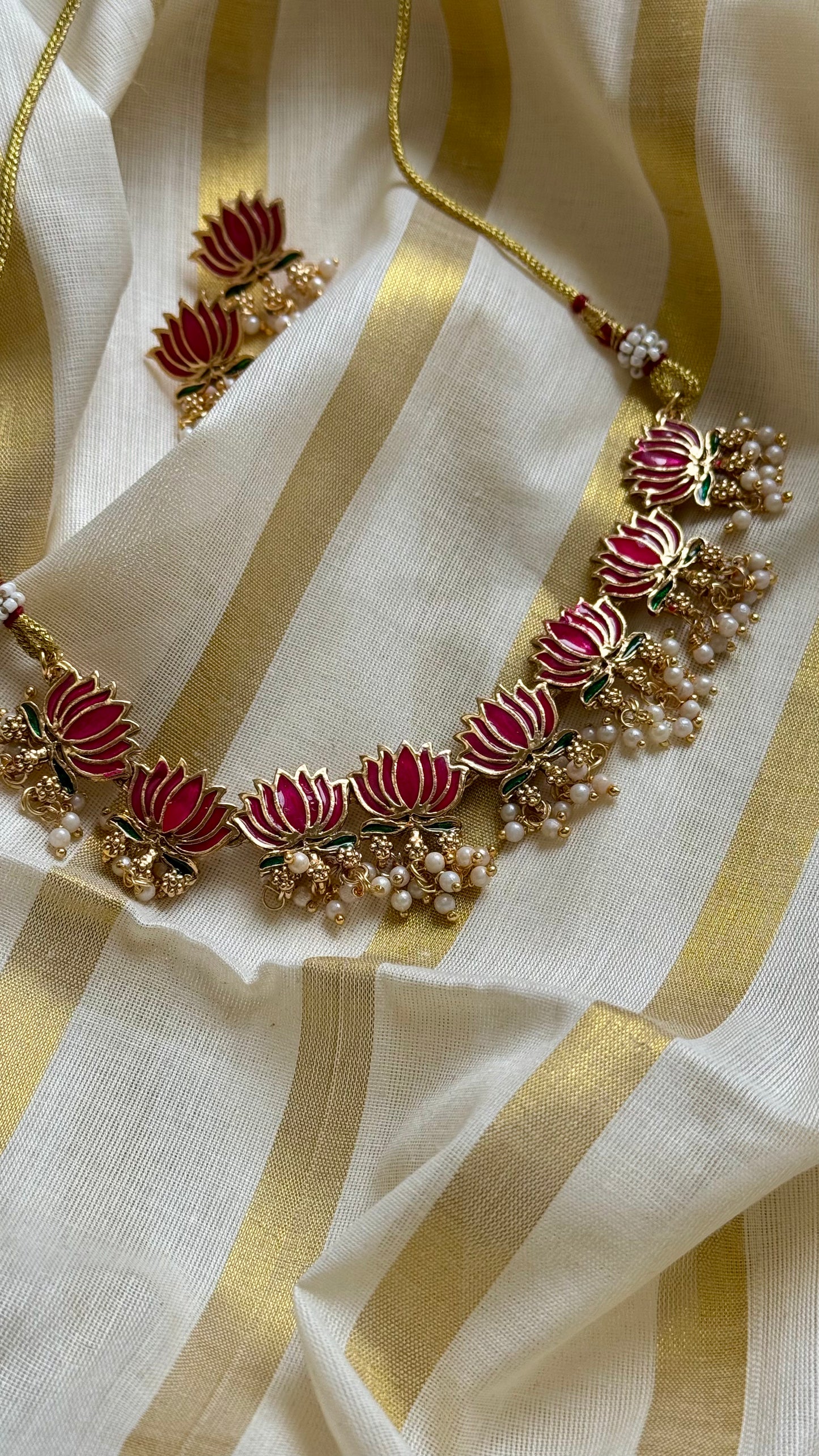 Pink lotus pendants with pearl drops, neckpiece - YCAGC150